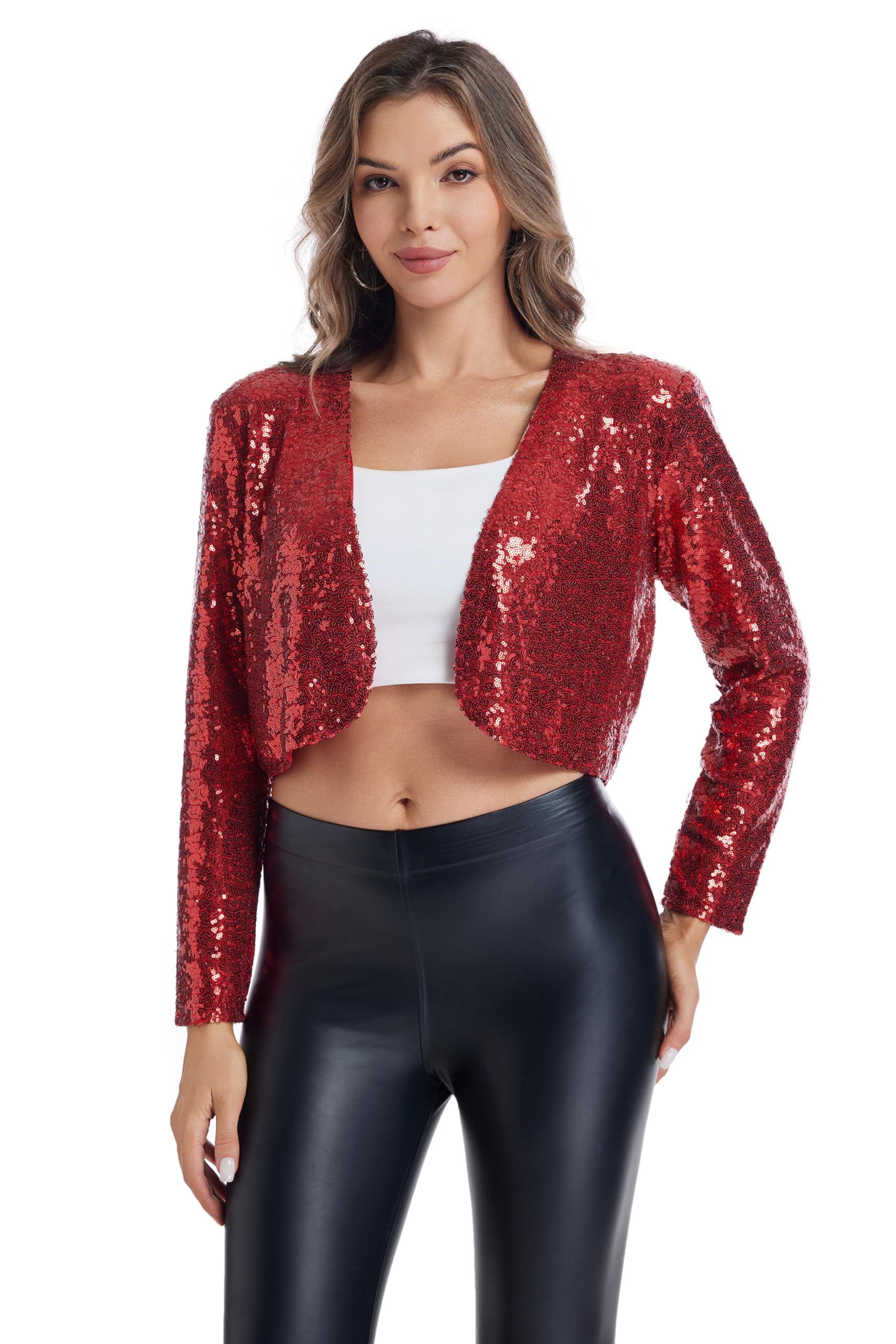 Womens Sequin Shrug Jacket Long Sleeve Open Front Glitter Blazer Bolero Wedding Party Sparkly Cropped Cardigan