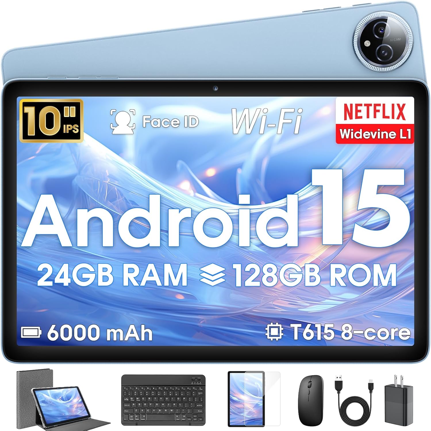 Android 15 Tablet 10 inch,24GB RAM 128 ROM,Tablets with Keyboard Mouse Stylus,1TB Expandable,Octa-Core 6000mAh 1280x800 IPS HD,5G WiFi,T615 CPU,High Performance,Processor,Dual Camera(Blue)