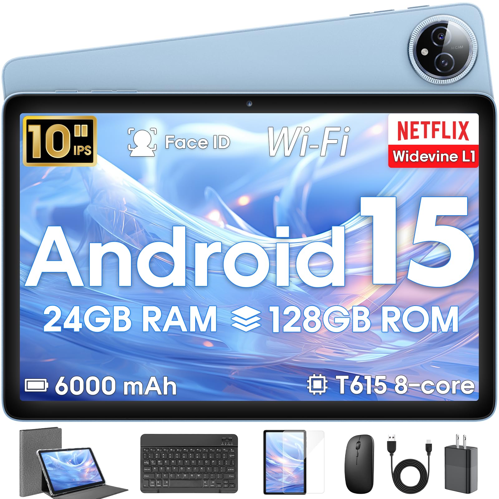 Android 15 Tablet 10 inch,24GB RAM 128 ROM,Tablets with Keyboard Mouse Stylus,1TB Expandable,Octa-Core 6000mAh 1280x800 IPS HD,5G WiFi,T615 CPU,High Performance,Processor,Dual Camera(Blue)