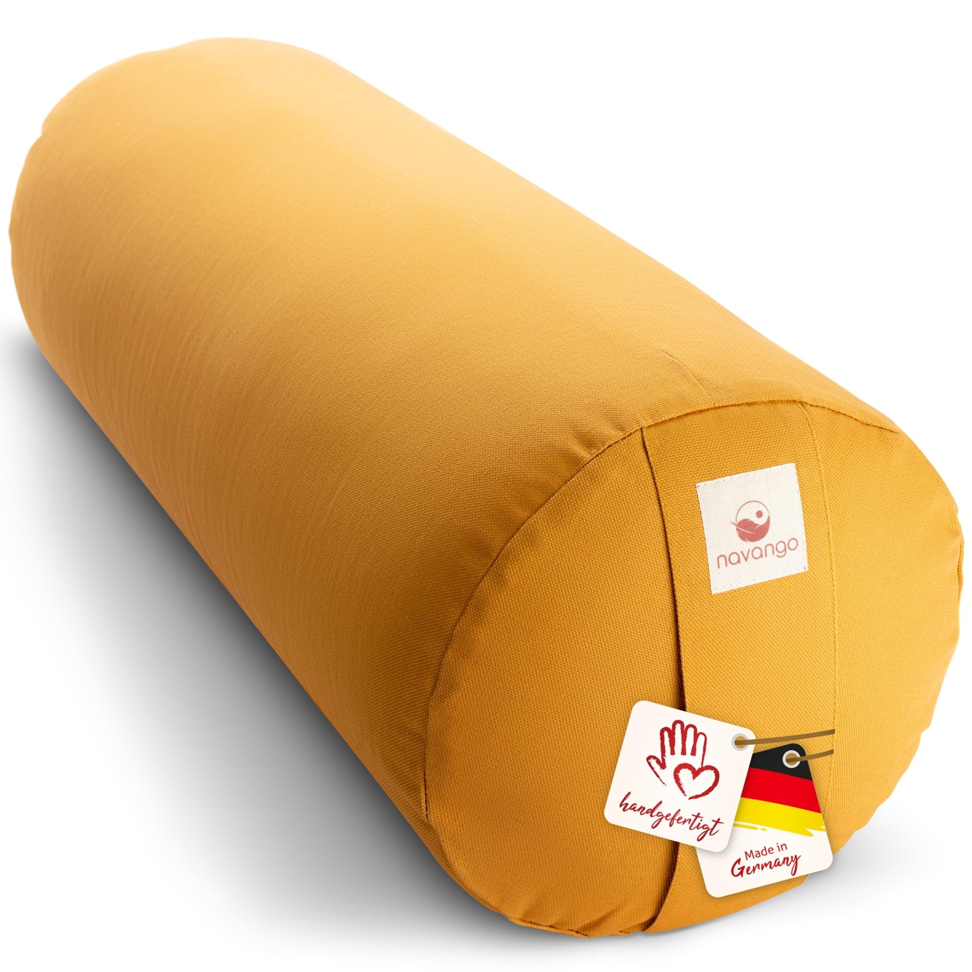 Yoga Bolster – Handmade in Germany, 24cm x 64cm | Yoga Rolle mit praktischem Tragegriff, 100% Dinkelspelz Füllung, Waschbarer Bezug 100% Baumwolle