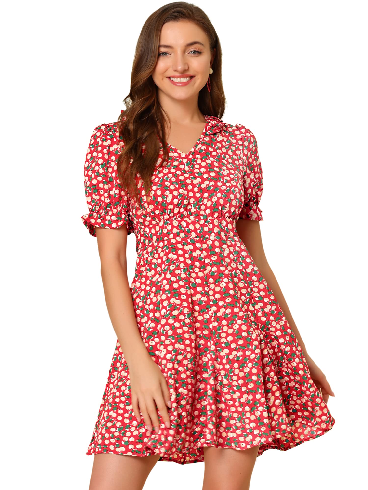 Allegra K Women's Cherry Printed Frill V Neck Ruffle Collar Floral Short Sleeve A-Line Dress