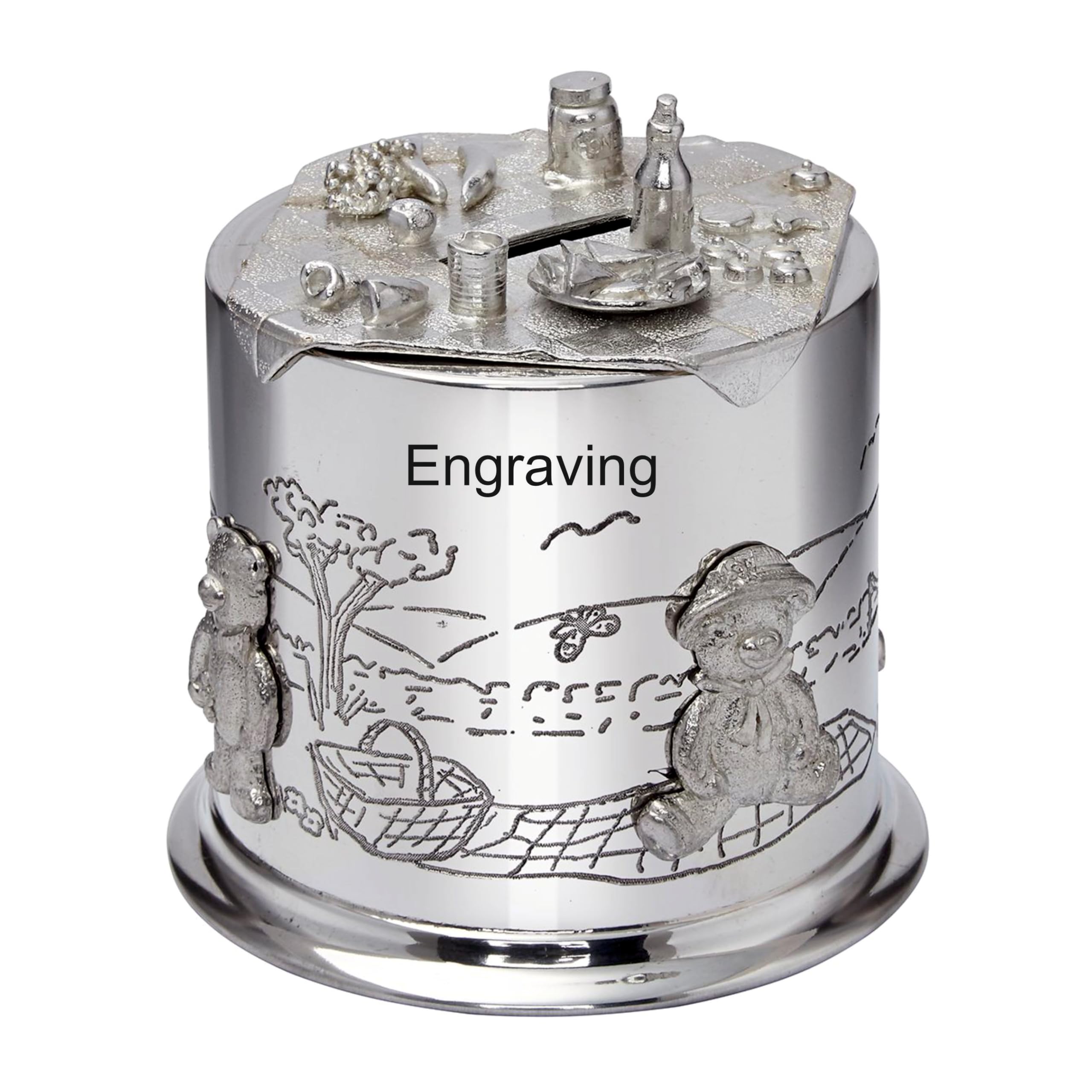 Wentworth Pewter With Engraving – Teddy Bears’ Picnic Pewter Money Box – Adorable Baby Gift & Keepsake – For Christenings, Birthdays Handmade In Uk (With Engraving)