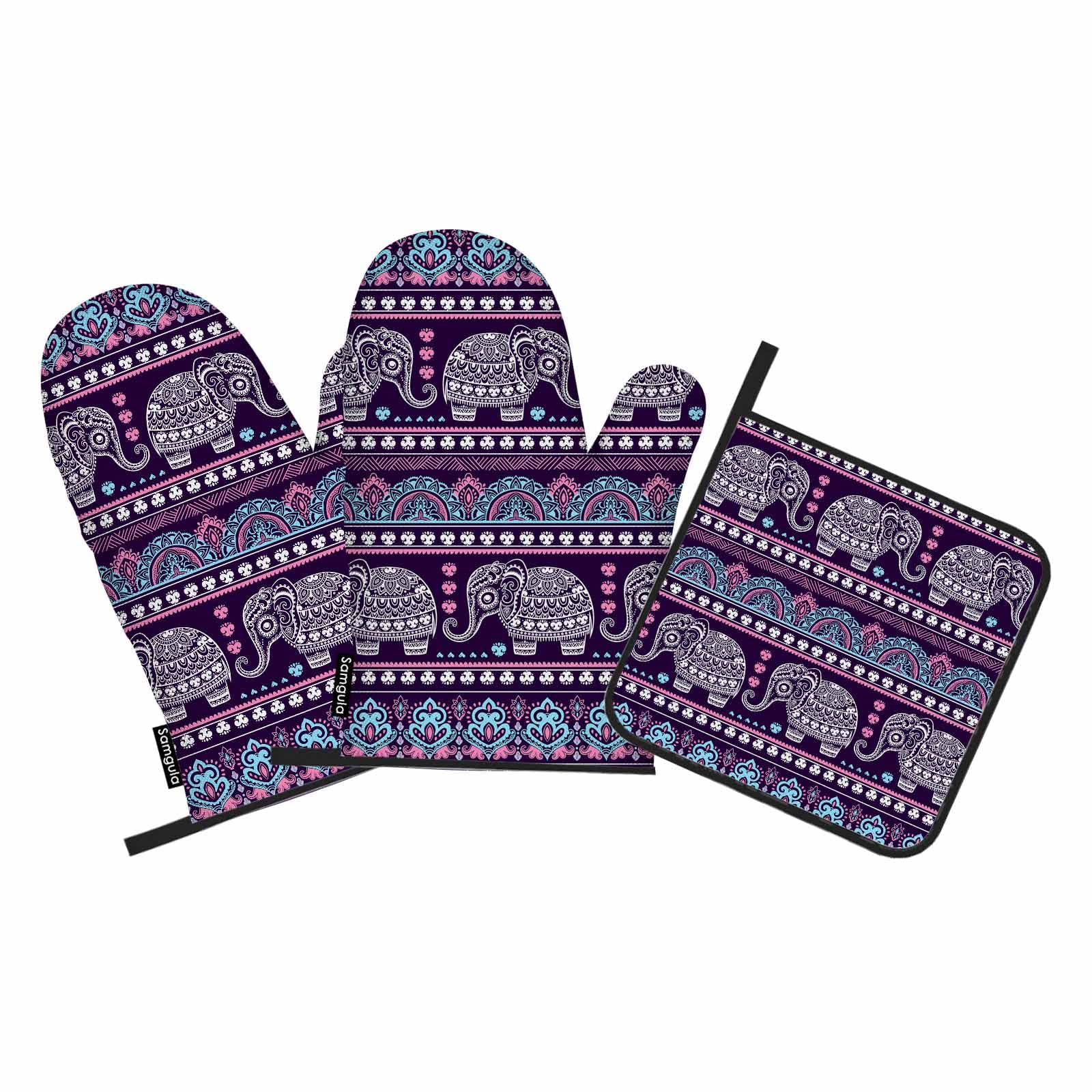 Samgula Mandala Elephant Oven Mitts Potholders & Oven Gloves Sets Purple African Ethnic Heat Resistant 3pcs for Cooking Baking BBQ