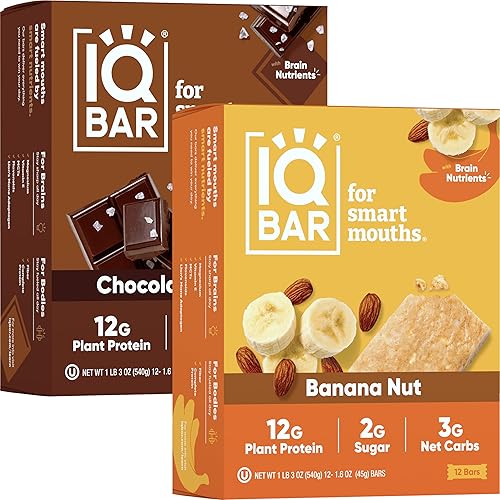 IQBAR Brain and Body Keto Protein Bars - Chocolate Sea Salt and Banana Nut - 12 barras energéticas - Barras de proteína bajas en carbohidratos -