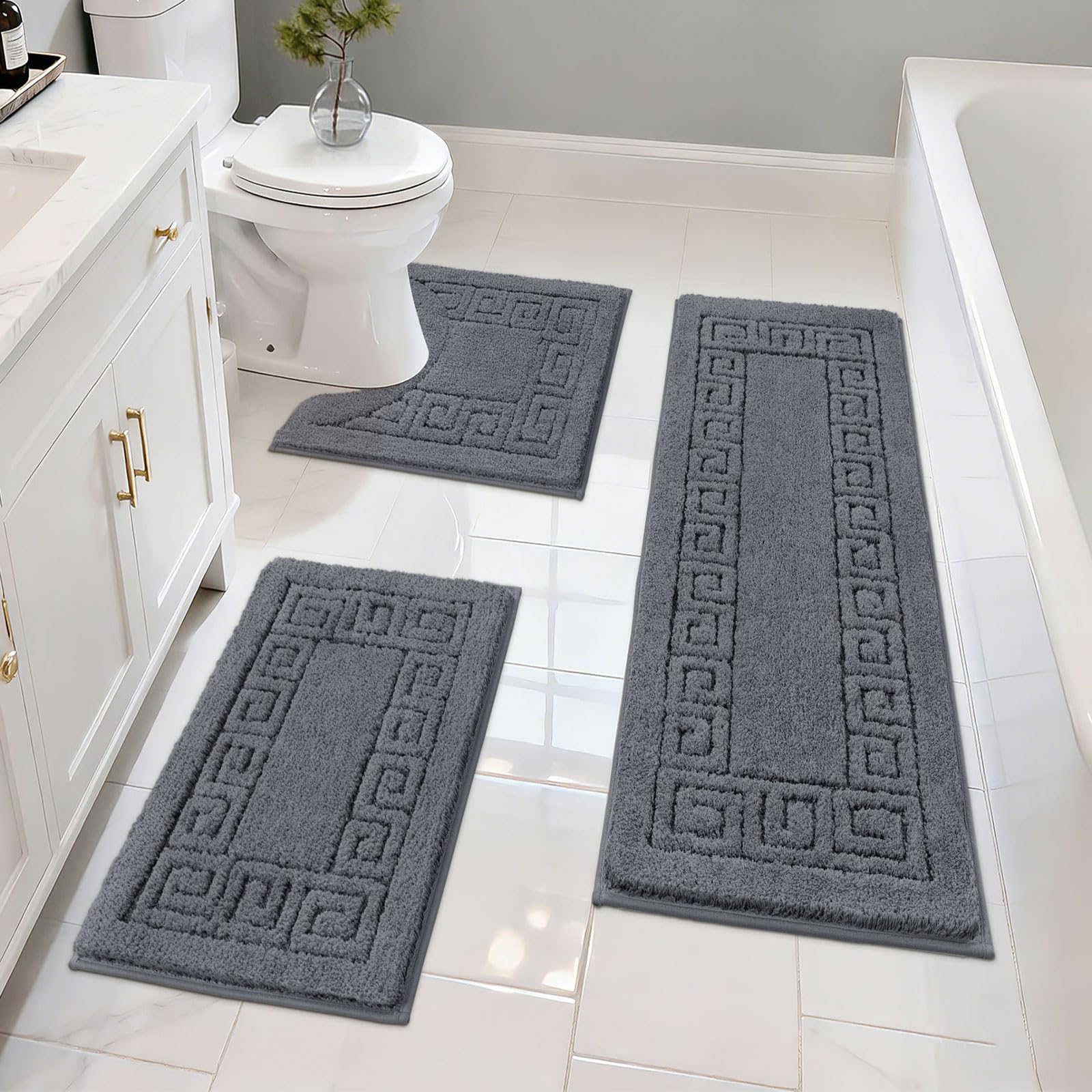 Pauwer Badezimmerteppich-Set, weiche Mikrofaser, rutschfeste Badezimmermatten, ultra-saugfähig, Plüsch, zotteliger Badteppich, Läufer, maschinenwaschbar, WC-Teppich für Badewanne, Waschbecken