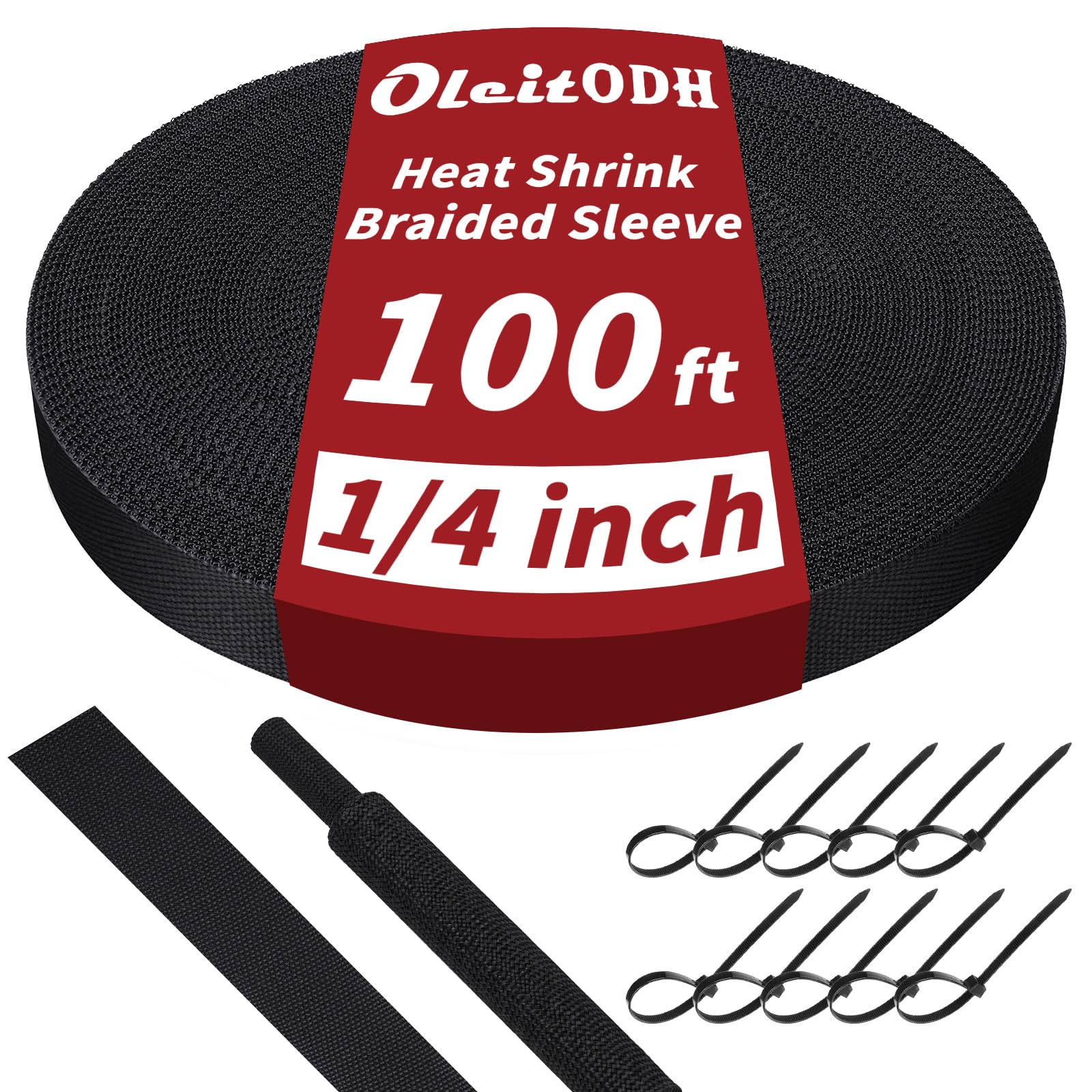 100 ft 1/4 in 2:1 Heat Shrink Braided Sleeving, Black
