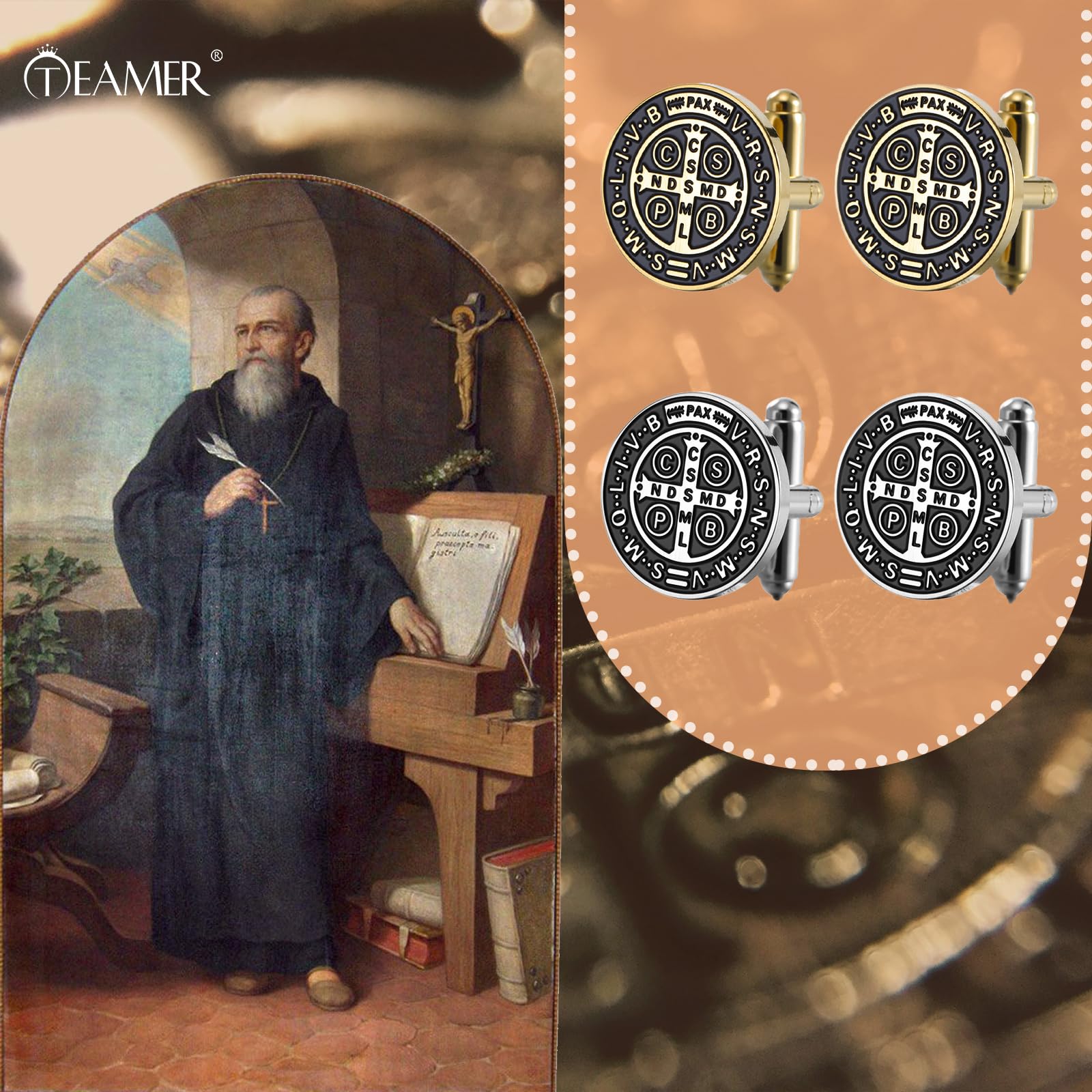 TEAMER Święty Benedykt spinki do mankietów ze stali nierdzewnej Święty Benedykt spinki do mankietów Jezus krzyż religijny katolicki amulet siły ochrona wiary pokój modlitwa biżuteria dla mężczyzn