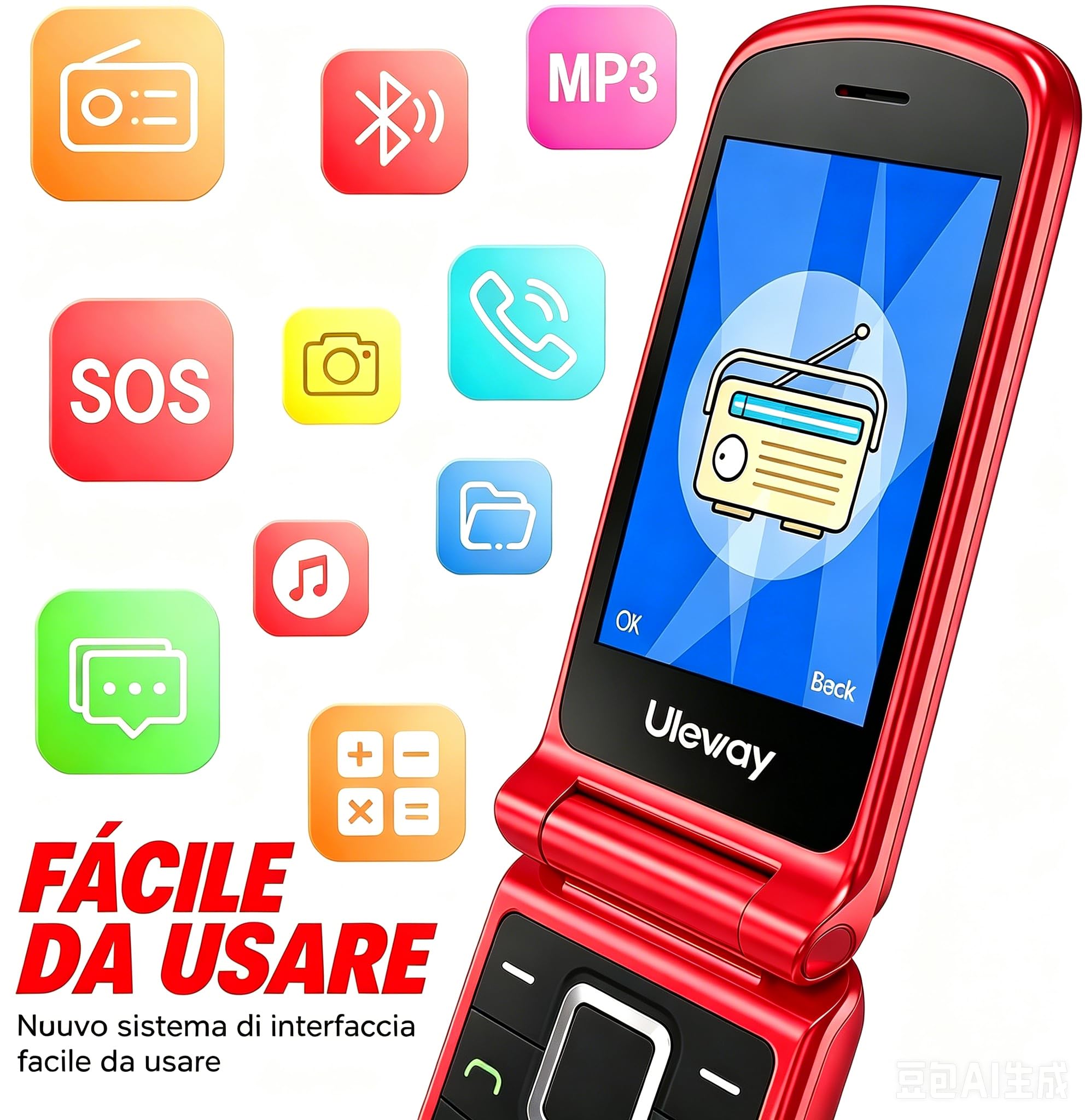 CHAKEYAKE Cellulare per Anziani con Tasti Grandi, Display Doppio 2.4'' + 1.77'', Telefono Senior con Tasto SOS, Volume Alto, Base di Ricarica, Fotocamera, Sbloccato, Rosso