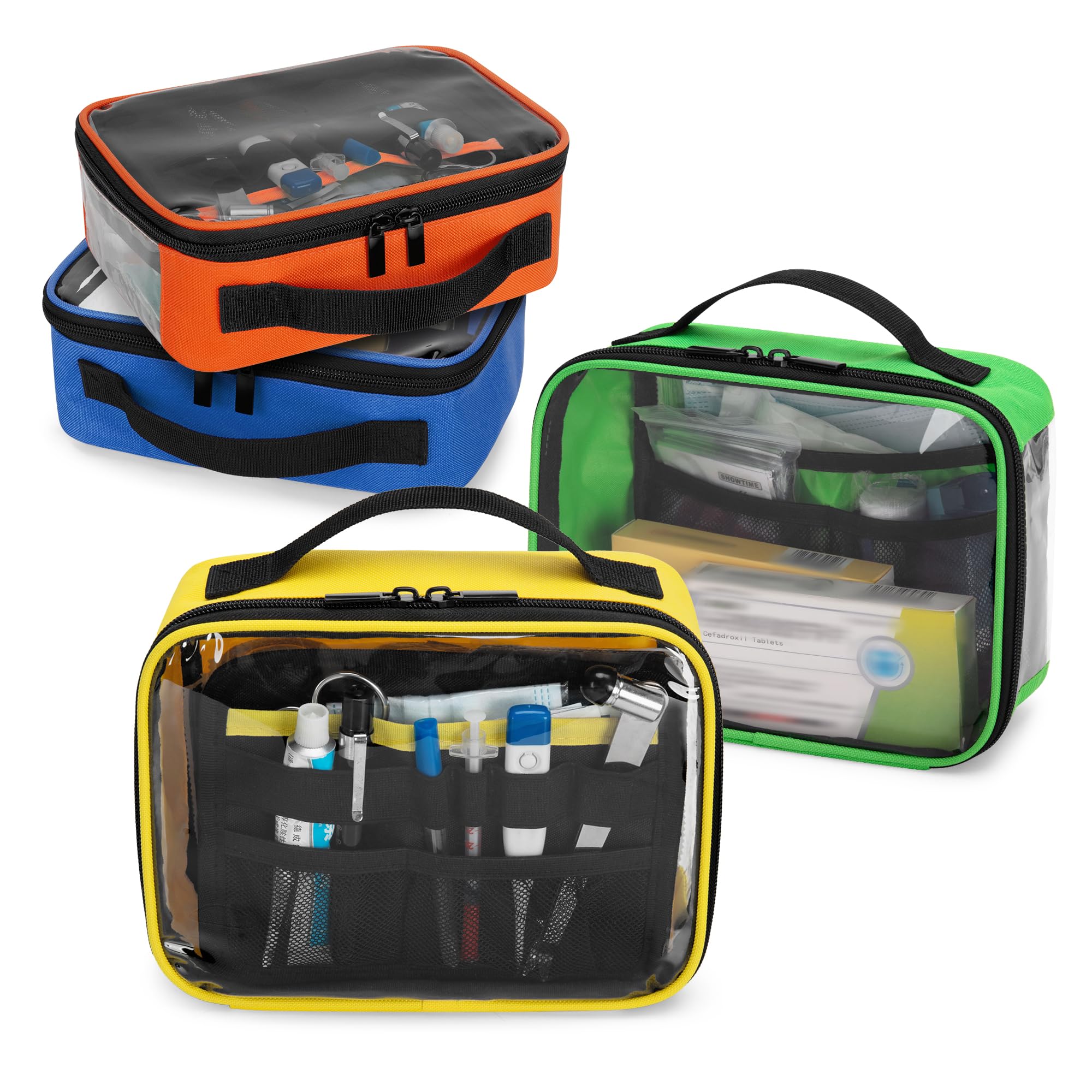 Trunab 4 kits de primeros auxilios vacíos, fundas transparentes con cremallera para organizar medicamentos y suministros para el hogar, el exterior y el coche (solo bolsa)