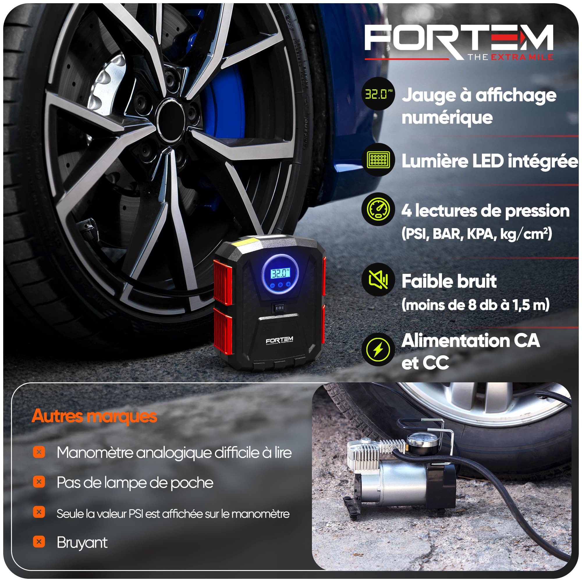 FORTEM Gonfleur pneus Voiture - Compresseur 12V - Compresseur à air portatif Automatique (150 PSI) - Gonfleur Pneu Voiture avec éclairage LED - Compresseurs d'air Portatifs - Moto & Vélo