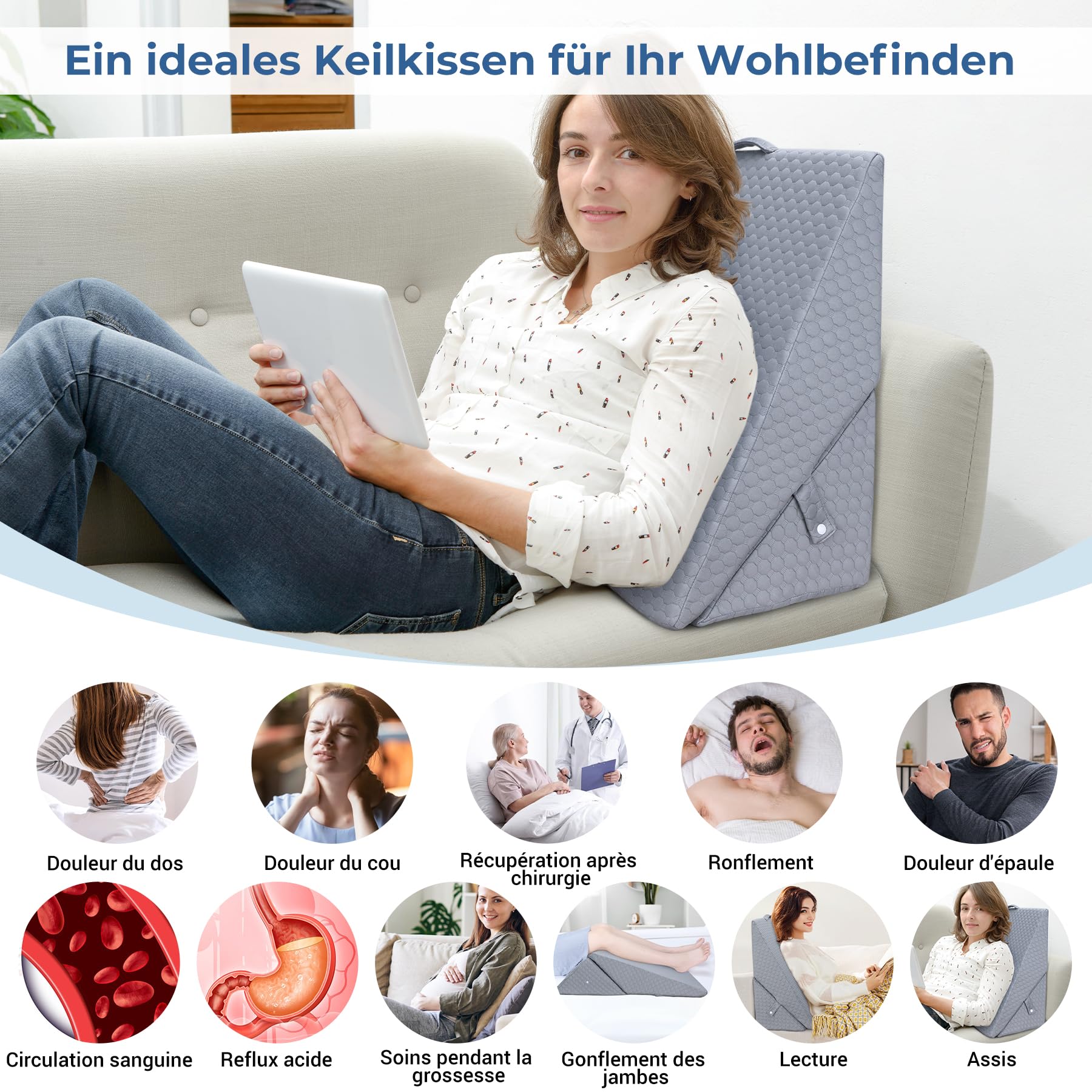 INFANZIA Coussin incliné pour lit, Coussin de Coin, Oreiller Triangle Pliable en mémoire de Forme pour l'apnée du Sommeil, Reflux Acide (Gris)