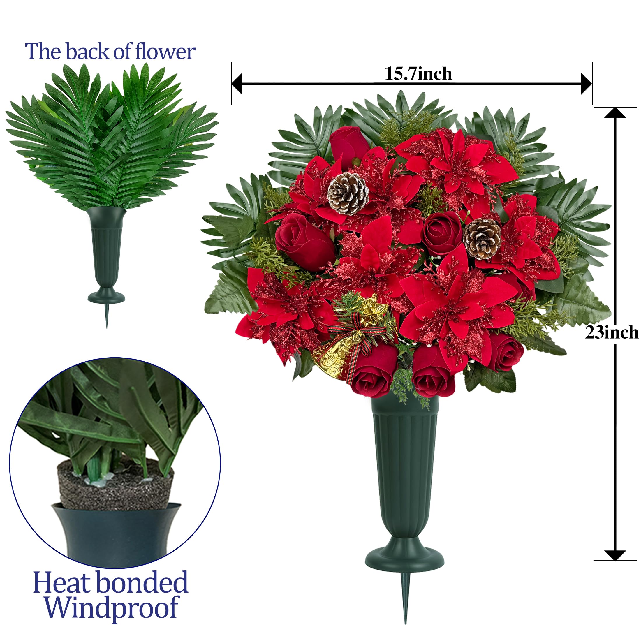 Fleur de tombe artificielle pour cimetière, poinsettia de Noël décorative pour pierre tombale, facile à installer