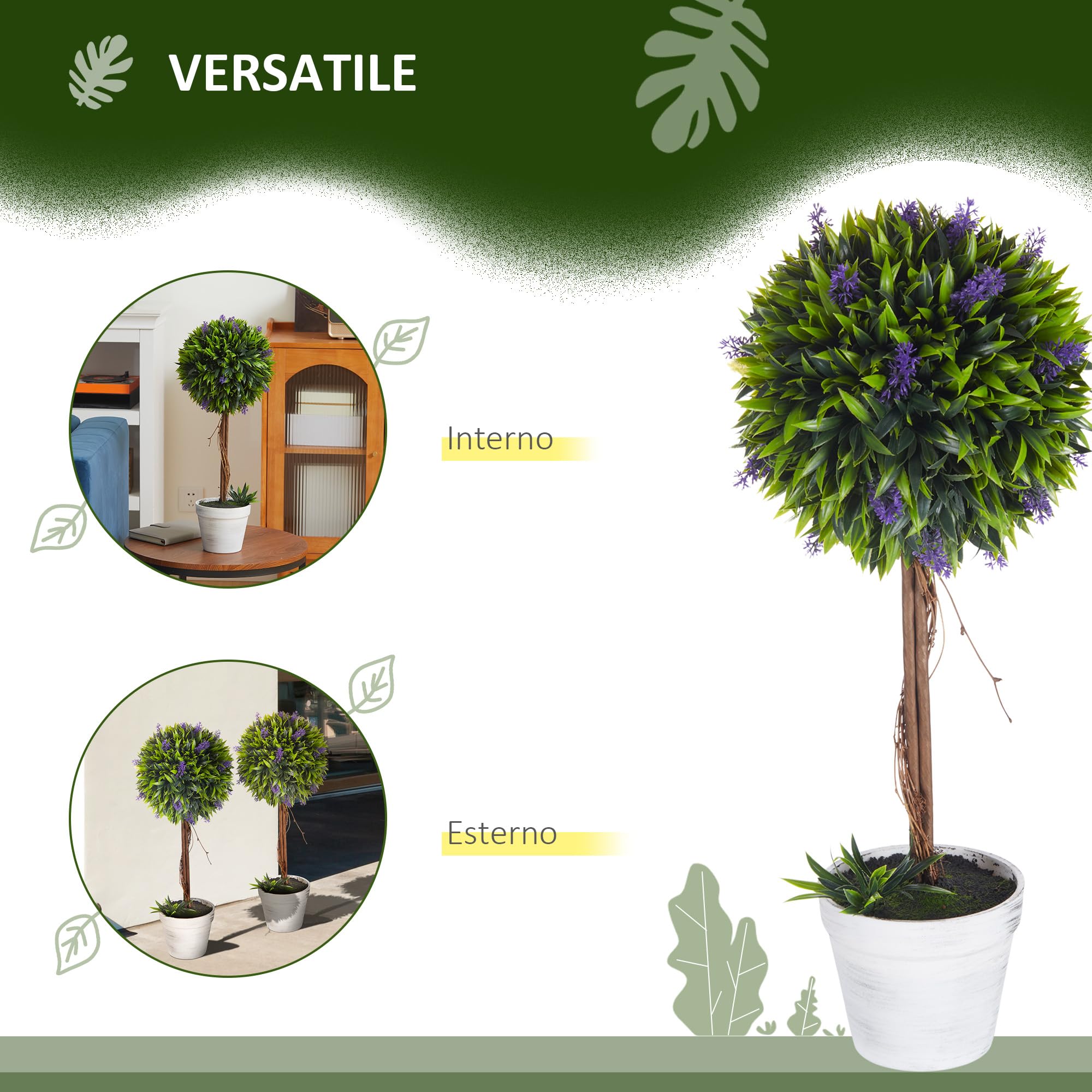 HOMCOM Set 2 Piante Finte da Interno e Esterno, Piante Artificiali a Sfera Anti-UV con Fiori di Lavanda e Vaso con Muschio e Cemento Incluso, Piante Verdi Decorative in PE e PP, Ø24x60 cm