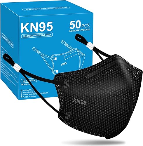 Miniatura 7 de Funight Mascarillas KN95, paquete de 50 unidades, 5 capas, transpirables, eficiencia de filtro 95% protectoras, desechables, color negro