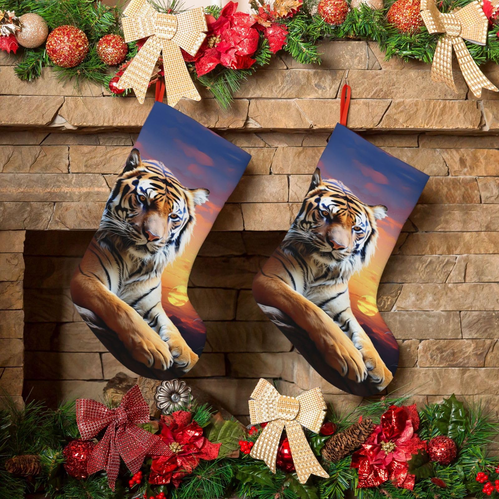 Fodpand Boys Black Tiger Colorful Sunset Christmas Stockings Hanging Ornaments For Holiday Decor, 18 Inches Velvet Fireplace Hanging Xmas Stocking, Candy Gift Bags For Christmas Decorations