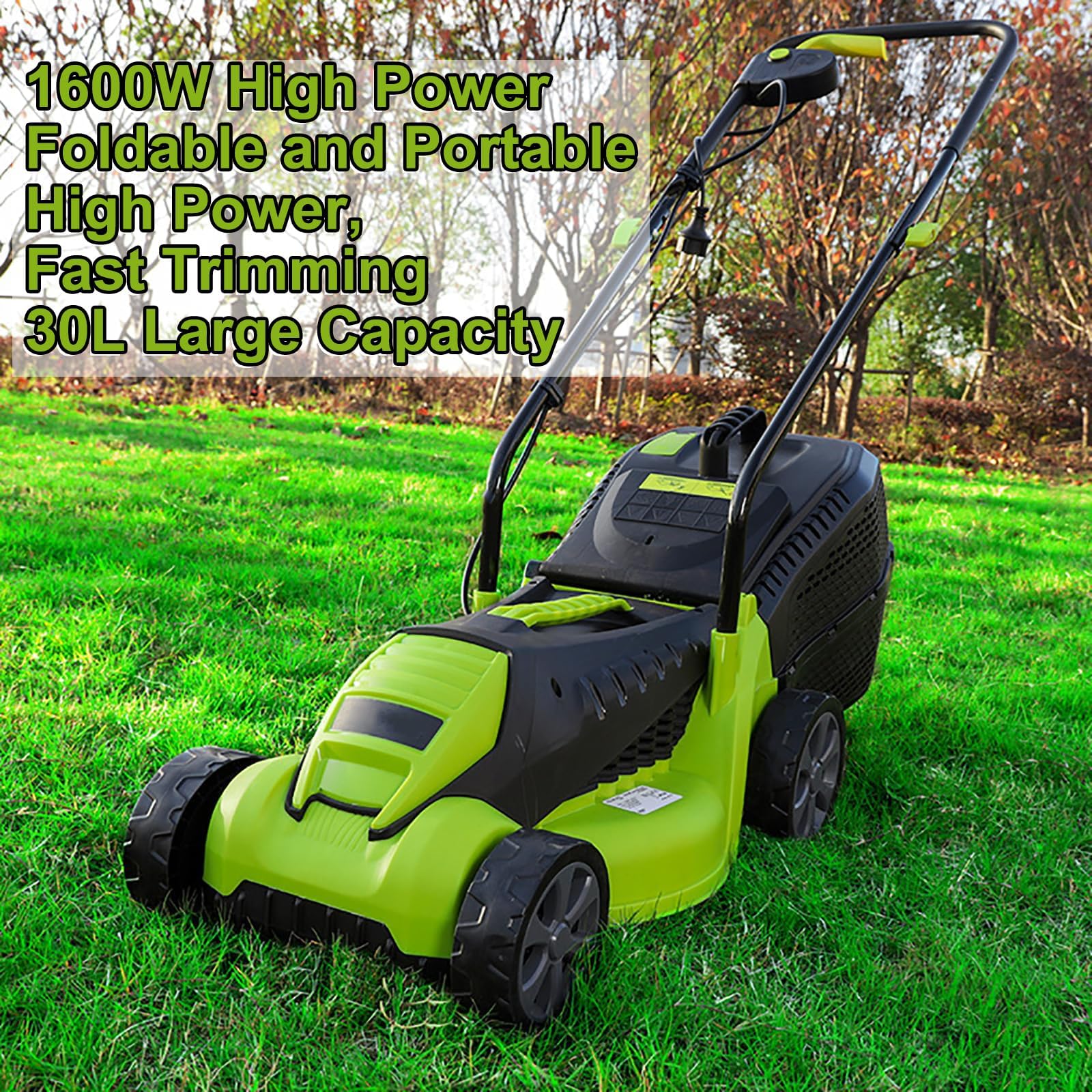 Cortacésped eléctrico, cortadora de césped inalámbrica de 1600 W con una Caja de Hierba Grande de 30 litros, Ancho de Corte de 32 cm, 3 Alturas de Corte Ajustables (25-65 mm), Mango Plegable