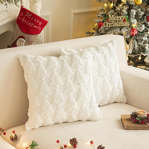 SHITURRE Christmas Tree Decorative Throw Pillow Covers Set of 2 Packs, Soft Fluffy Pillowcases for Home Décor, Boho Pillow Covers for Couch Bedroom(White-Tree, 20"x20")