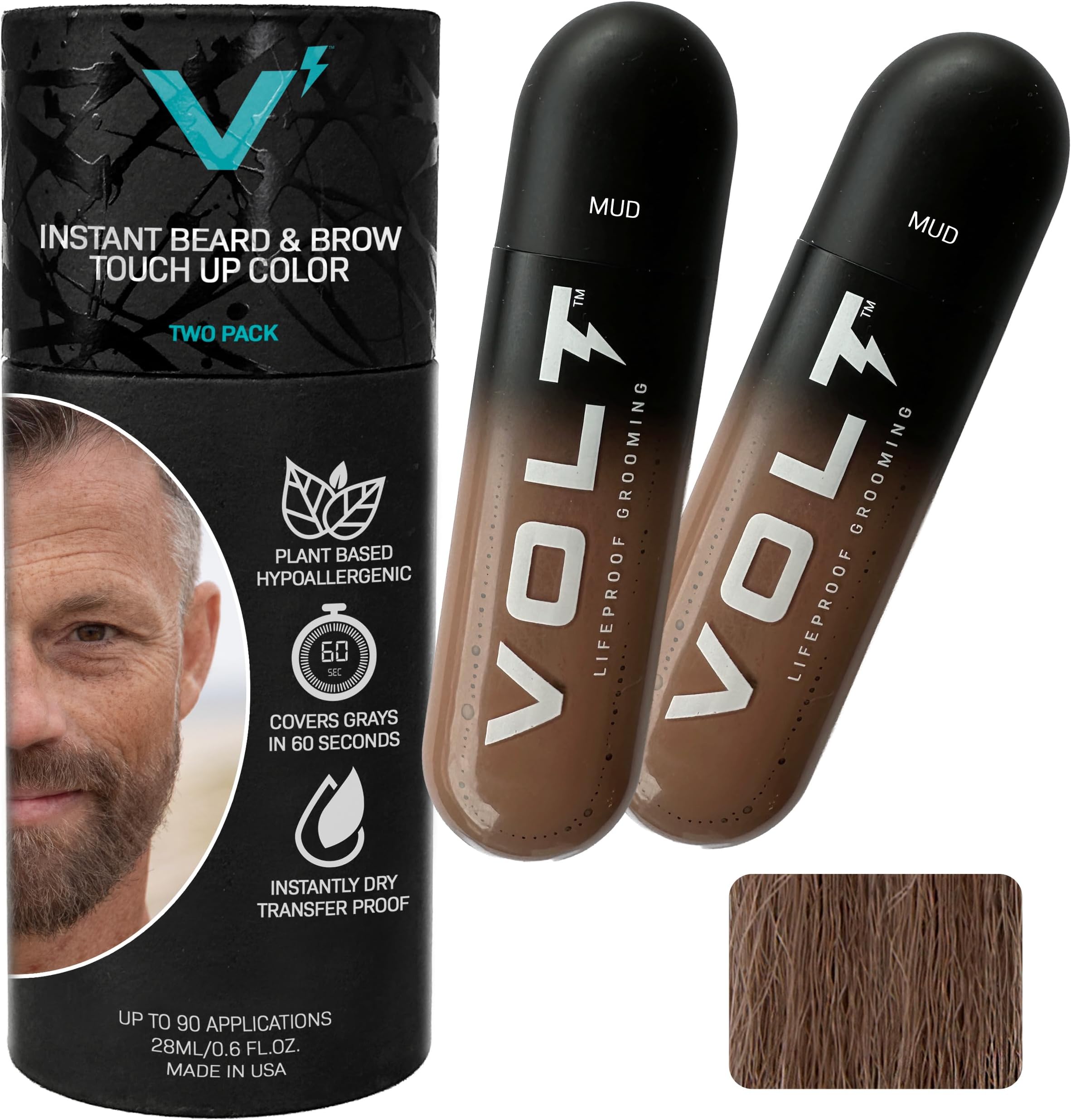 VOLT Grooming Temporary Instant Beard Color for Men, Quick Drying Plant-Based Brush On Beard, Hair, Mustache & Eyebrow Color, Safe for Sensitive Skin, Mud Brown, 2-Pack Refill, 90+ Applications