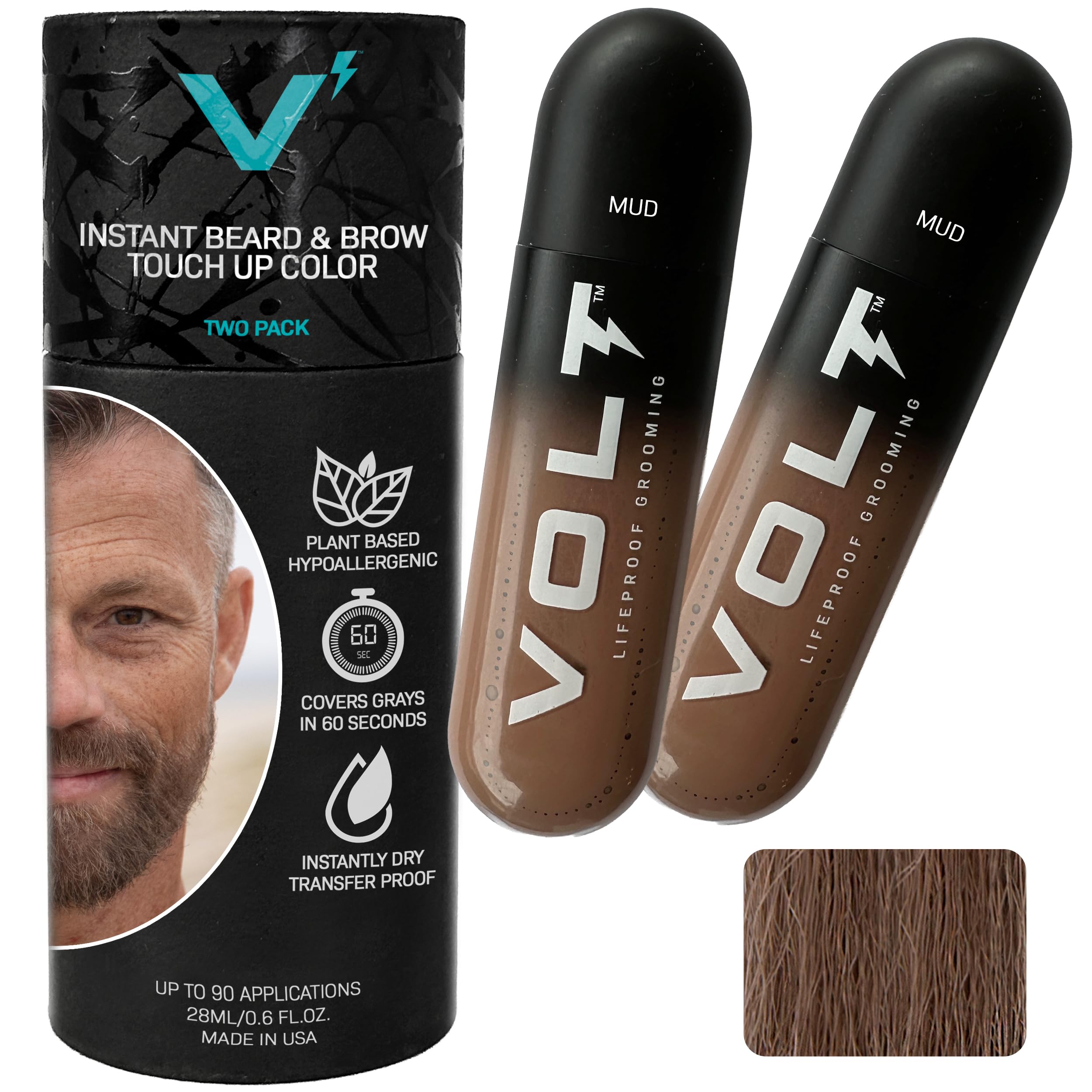 Grooming Instant Beard Color ECO 2 Pack Refill - Quick Drying Plant Based Hypoallergenic Brush on Color for Beards, Mustaches, and Eyebrows, Mud (Brown)