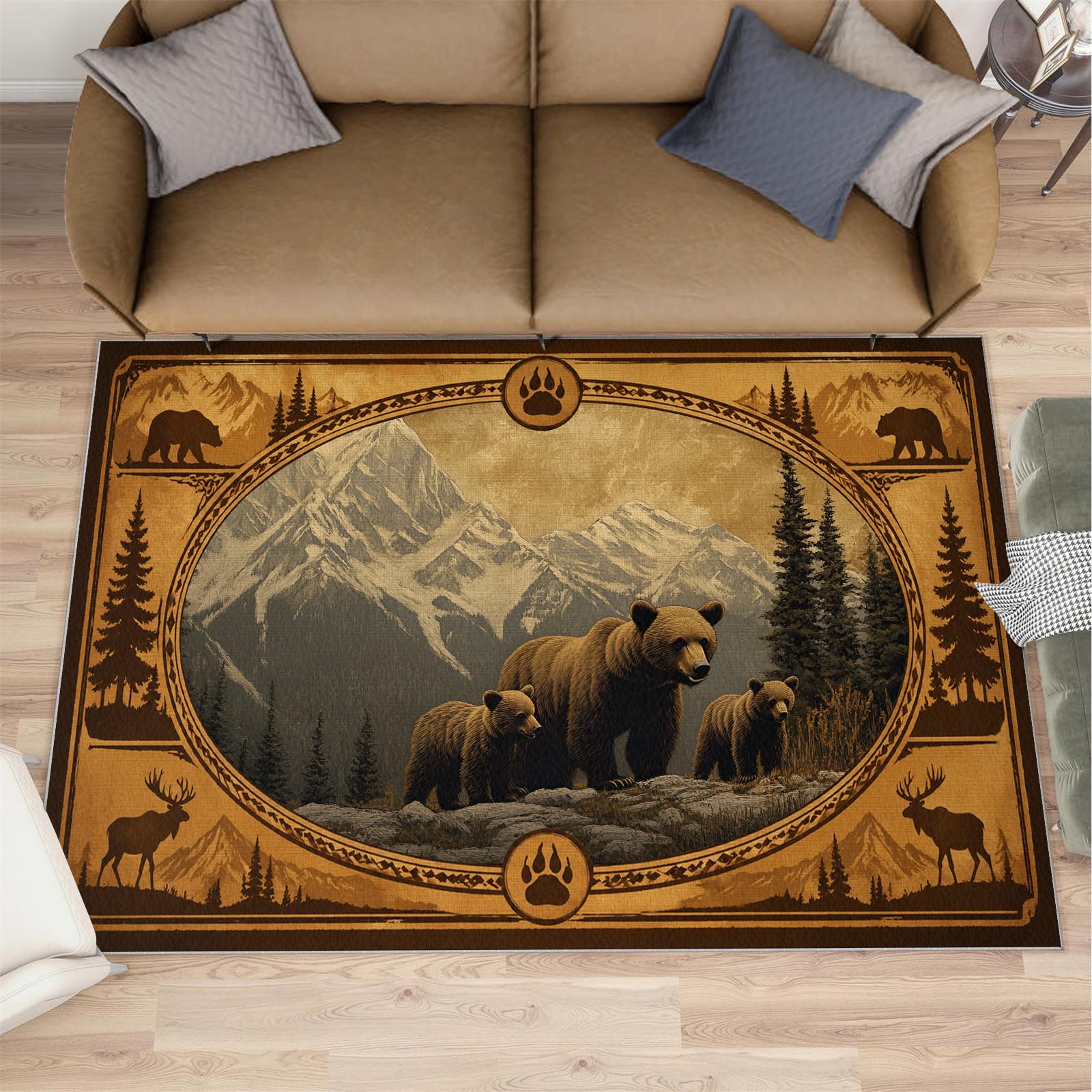 Tapis rustique motif ours forêt vintage grand format 160x200 lavable de lit