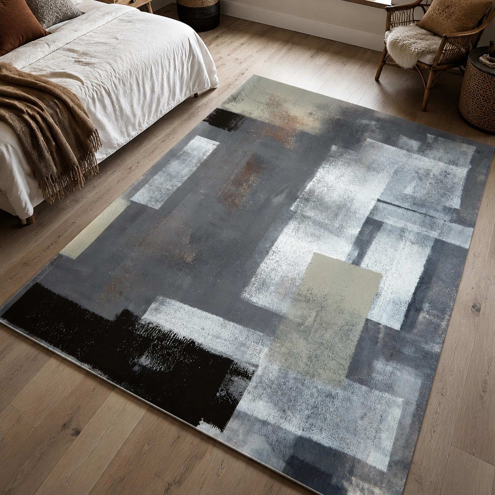 Grand tapis salon géométrie abstraite moderne noire et blanche de 200 x 300 cm