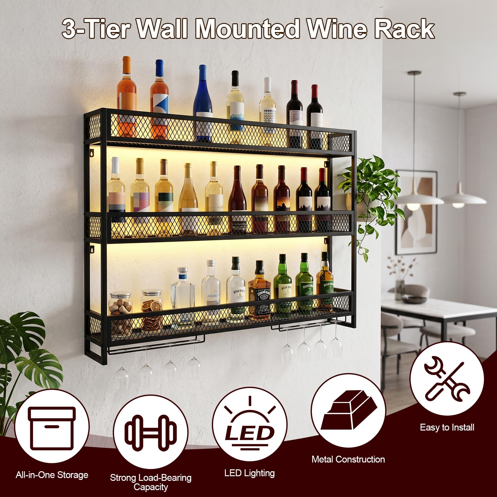 Étagère murale à vin avec support en verre à 3 étages - En métal - Support d'affichage mural pour bouteille de vin - Étagère en verre - Étagère à bouteilles suspendue pour cuisine, salle à
