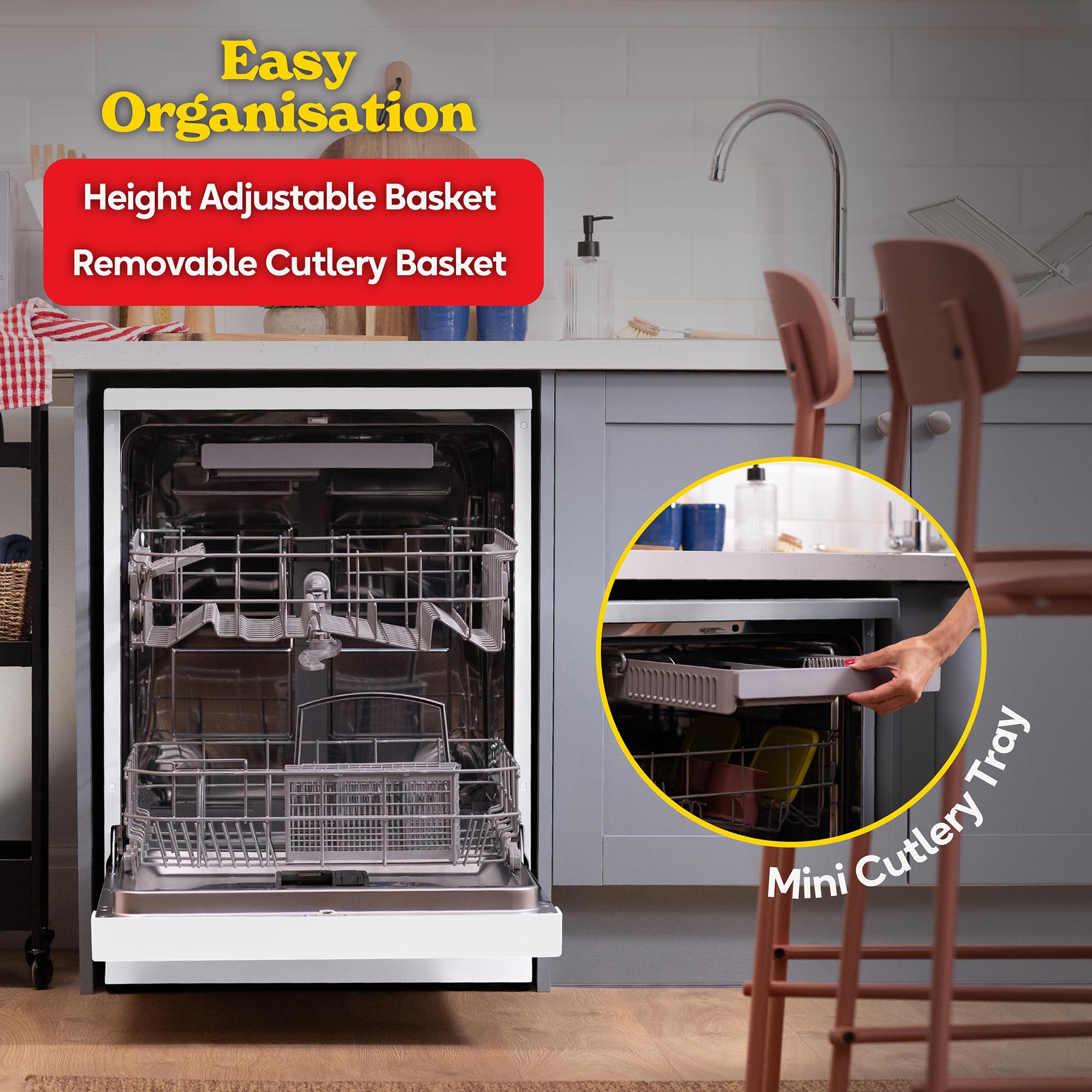 Russell Hobbs Freestanding Dishwasher, Class D, 14 Place Settings, 6 Wash Programs, 24-Hour Delay Start, Auto Door Open, 1 x Height Adjustable Basket and Mini Cutlery Tray in White, RH60DW00D2W — view 4