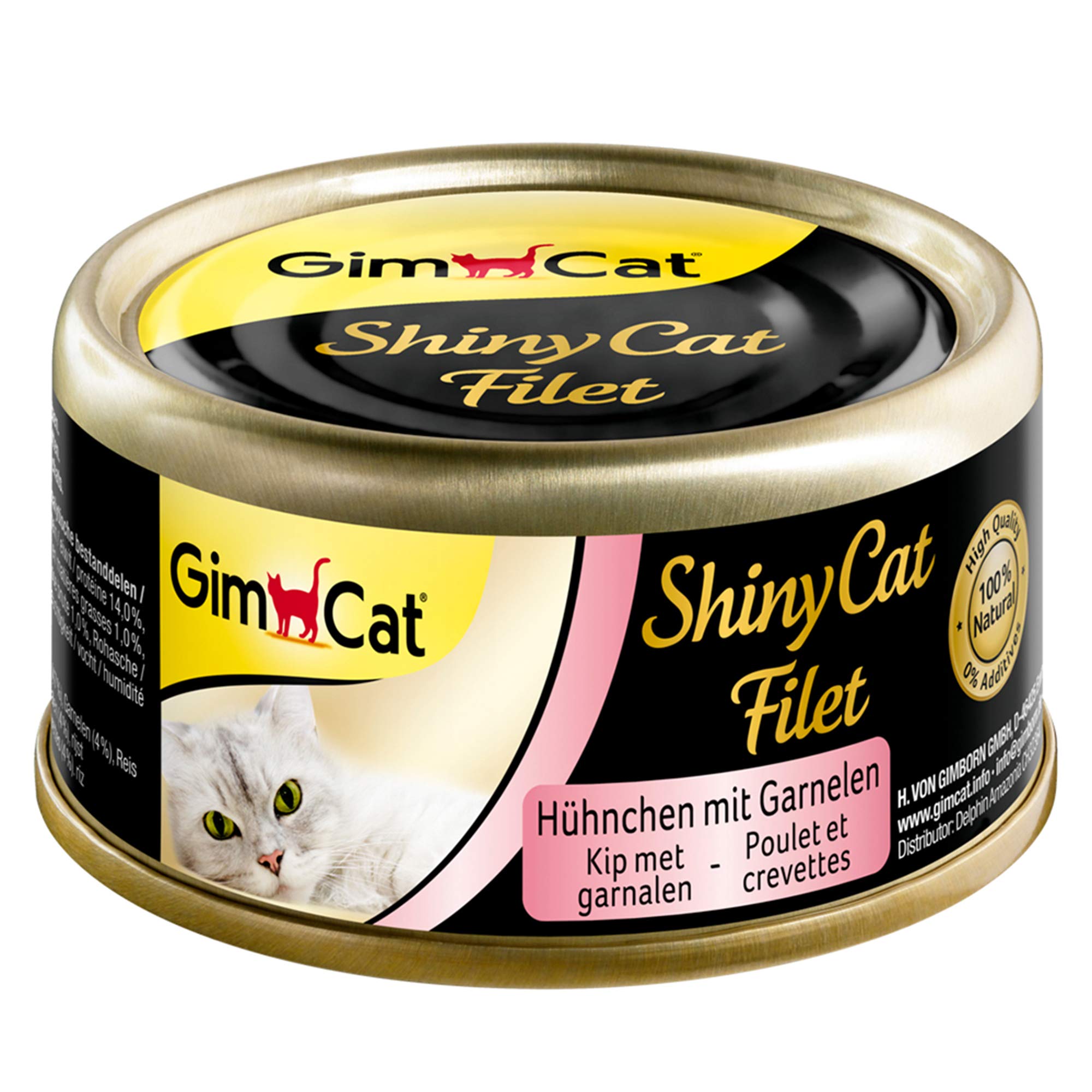 GimCat ShinyCat Filet Hühnchen mit Garnelen - Katzenfutter mit saftigem Filet ohne Zuckerzusatz für ausgewachsene Katzen - 48 Dosen (48 x 70 g)