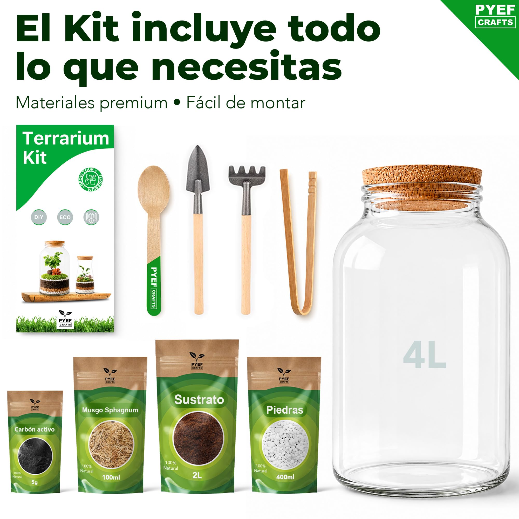Kit Terrario Plantas XL - DIY Kit con Frasco Grande Terrario Cristal - Ecosistema Cerrado para Jardin Eterno - Terrarium Plantas Ecosistema - Sin Planta (Set con Frasco 4L)