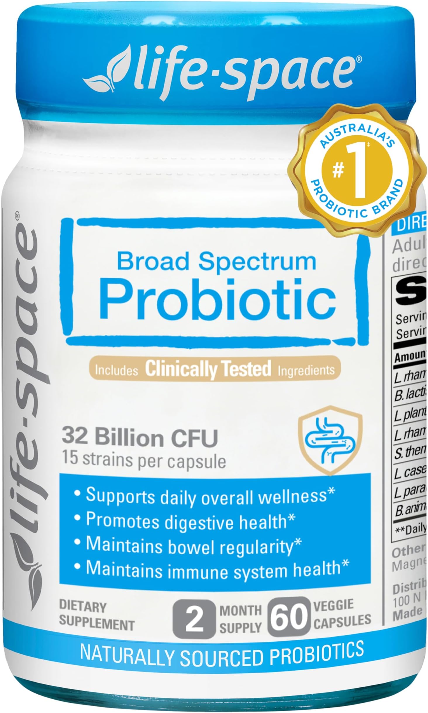 Premium Broad Spectrum Probiotics, 2 Month Serving, 32 Billion CFU & 15 Diverse Strains, Formulated for Daily Digestive Health & Immune Health, Probiotics for Women & Men, 60 Veg Capsules