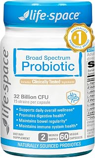 Life-Space Broad Spectrum Probiotic, Gut & Immune & Mental Health, 60 Caps | 32 Billion CFU & Premium 15-Strain Probiotic for Gas, Digestive Regularity and Bloating Relief for Women & Men