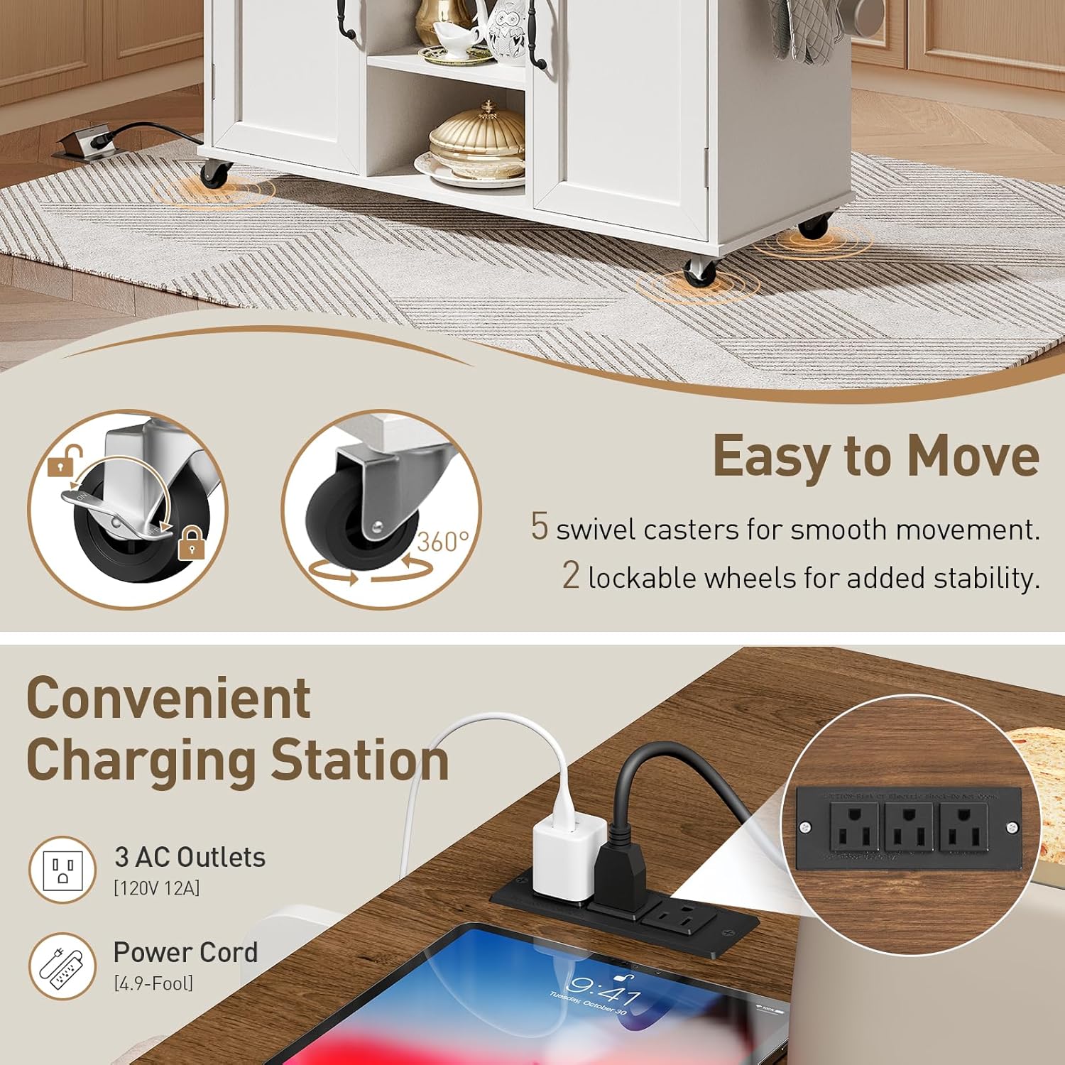RALGEND Kitchen Island with Storage, Kitchen Rolling Island on Wheels with Power Outlet & Drop Leaf, Kitchen Island Cart with Drawer and Spice Rack, Mobile Island Table for Kitchen,White and Walnut