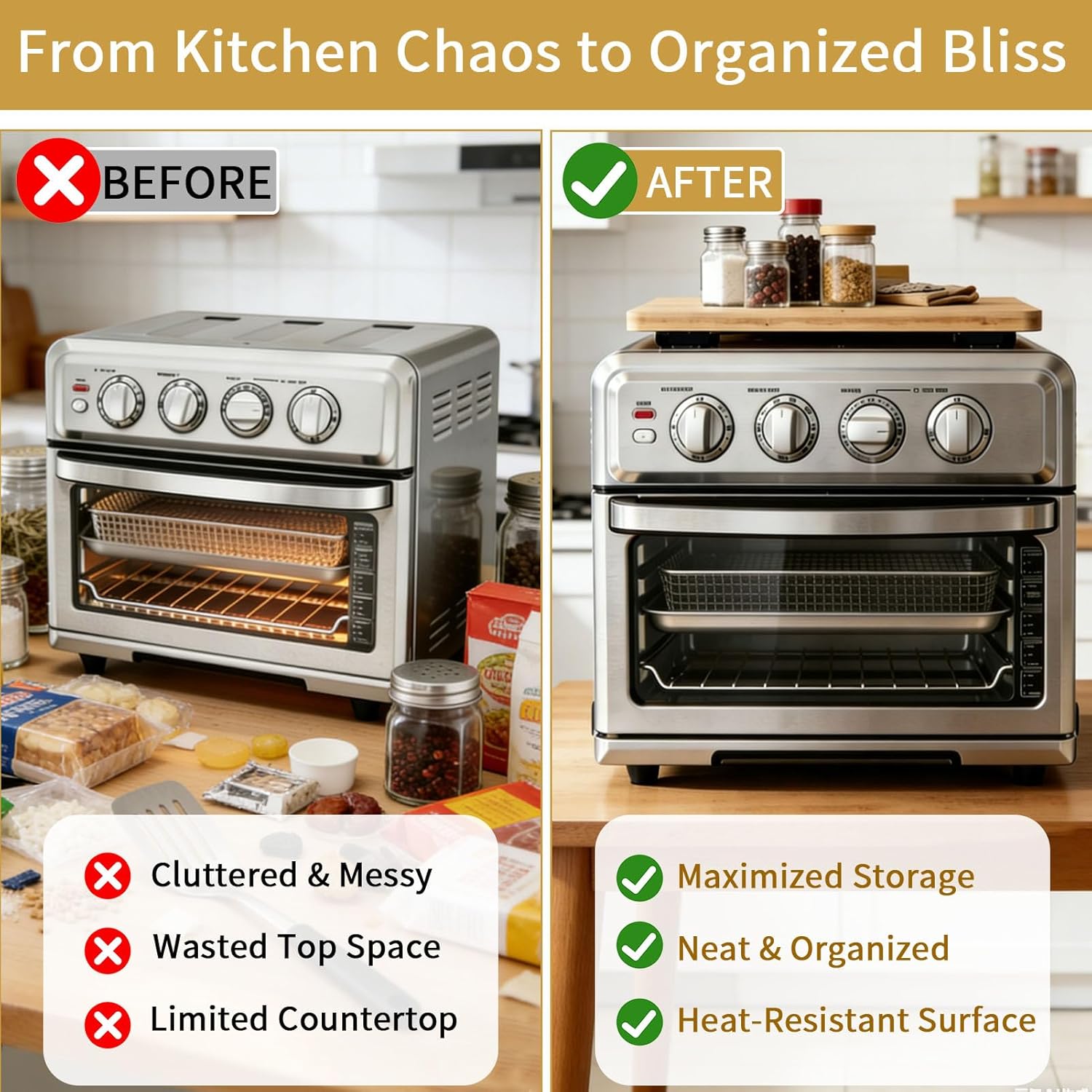 Bamboo Cutting Board for Cuisinart TOA-60 Compatible with Emeril 26QT French Door Oven & Ninja SP101 SP151, Non-Slip Heat-Resistant Topper, Provides Extra Space and Protects Counters from Heat