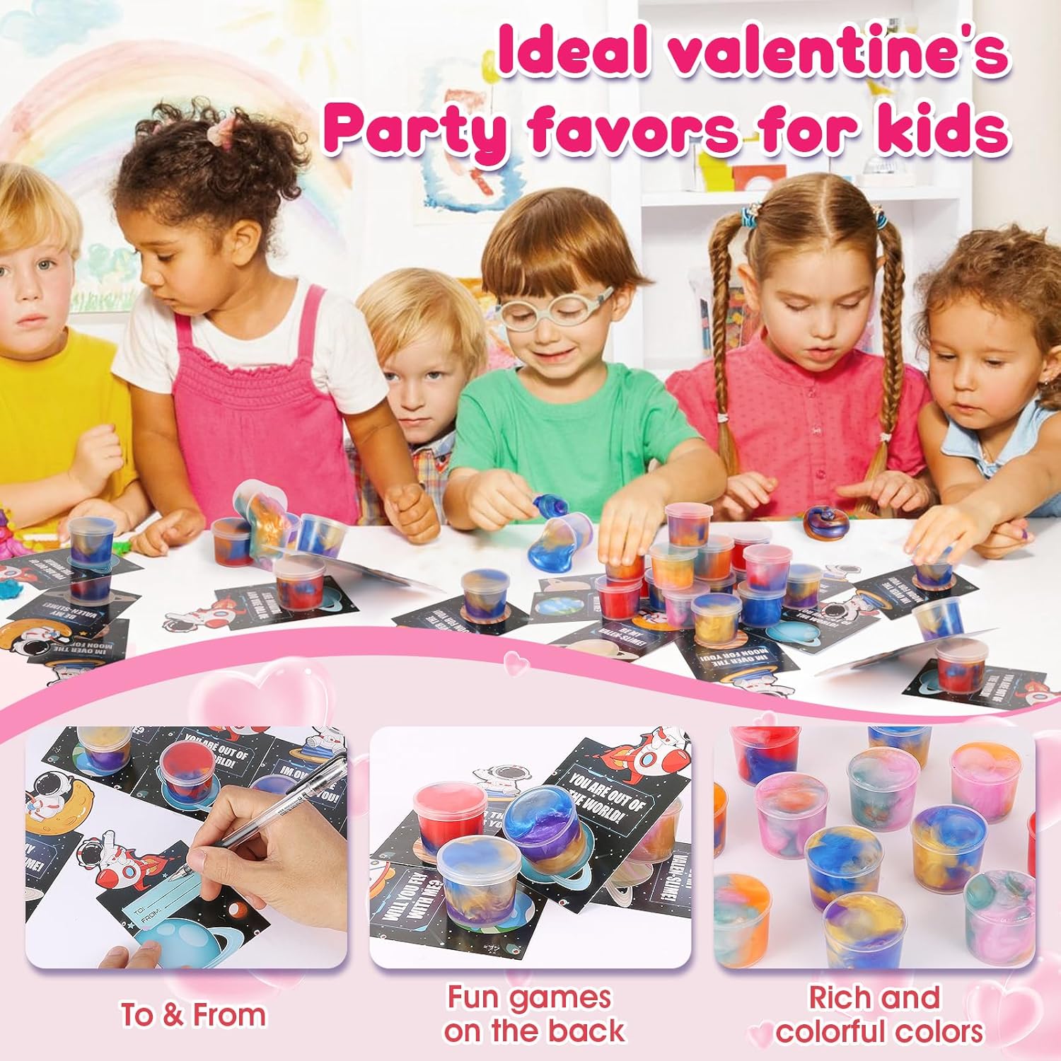 28 Pack Valentines Day Gifts for Kids School Classroom - Galaxy Slime Stress Relief Fidget Toys with Valentines Day Cards, School Classroom Exchange, Valentines Class Party Favors