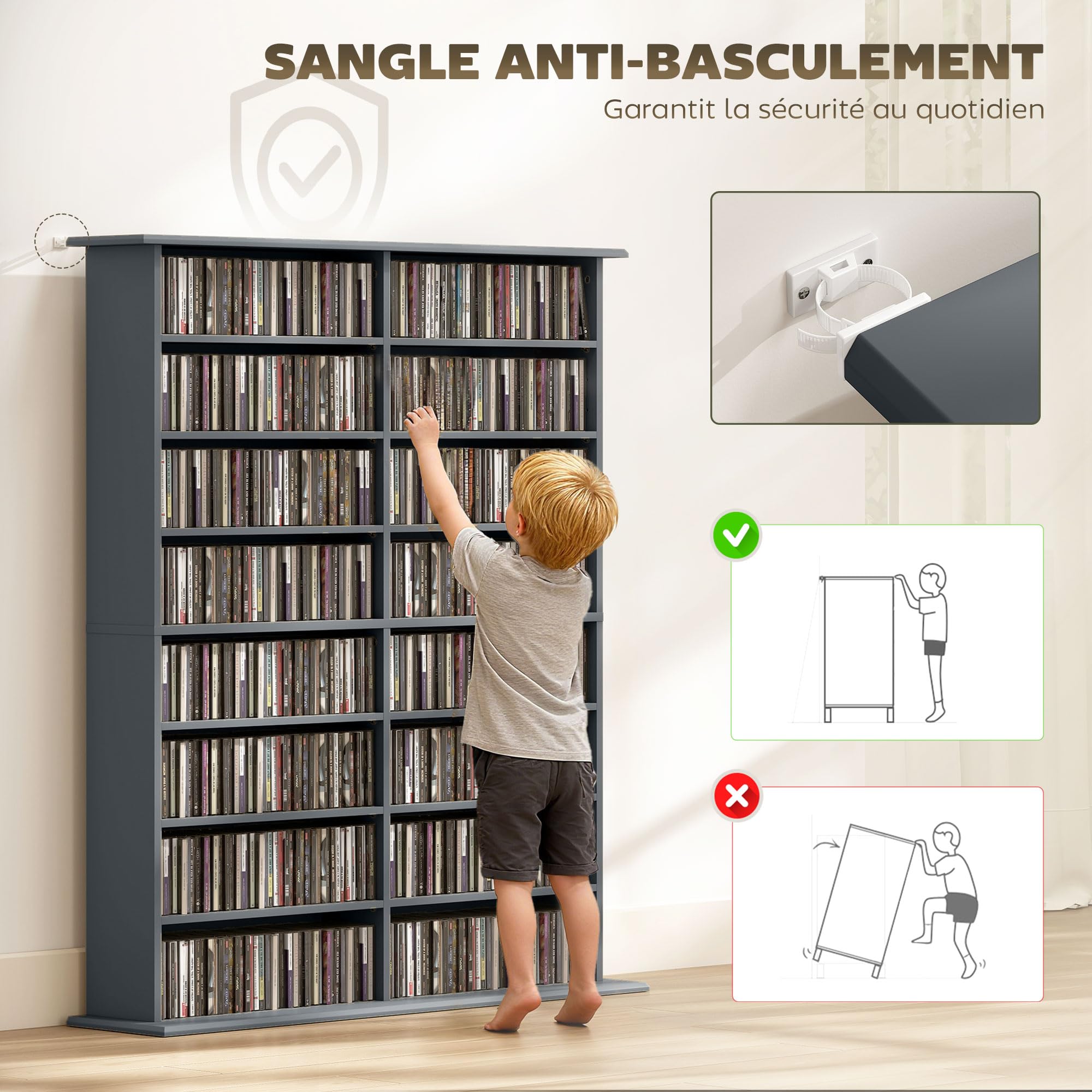 HOMCOM Portaoggetti per CD e DVD, con capacità max. 720 CD/396 DVD e Blu-Ray, 16 scomparti e 12 ripiani regolabili, per soggiorno, camera da letto, 106,5 x 24 x 126,3 cm, grigio