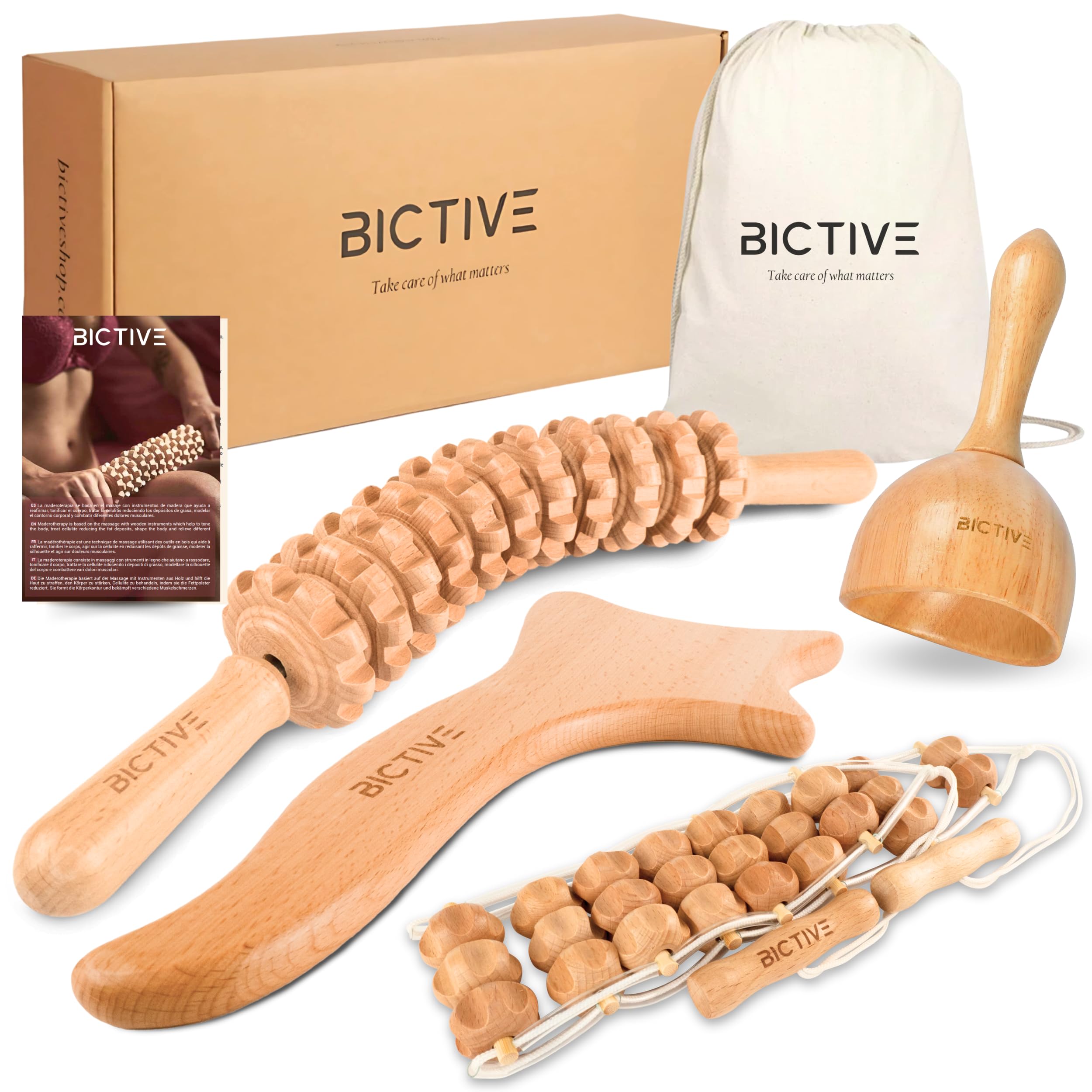 Kit Maderoterapia Corporal 4 en 1 Calidad Profesional. Masajeador Celulitis, Drenaje Linfatico Piernas y Abdomen. Rodillo, Copa, Pala y Cinturón de Maderoterapia para Masaje. Madera de Haya.