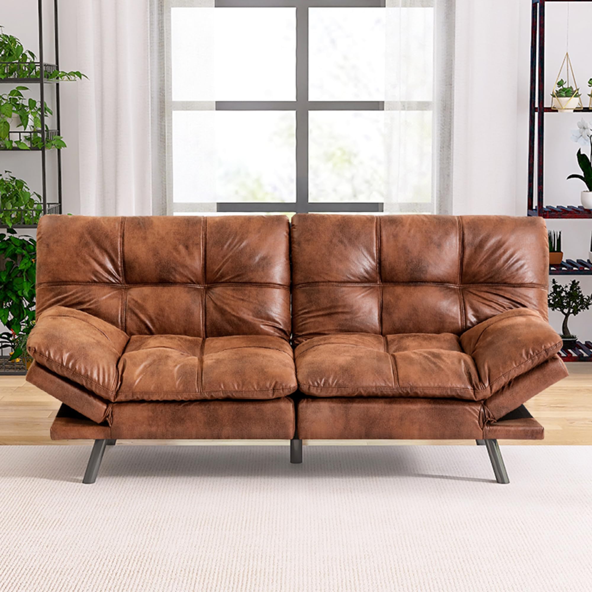 Couch Futon Sofa Bed, Memory Foam Futon Sleeper Sofa Loveseat Convertible Couch Bed for Small Compact Living Spaces,Apartment,Brown Faux Leather