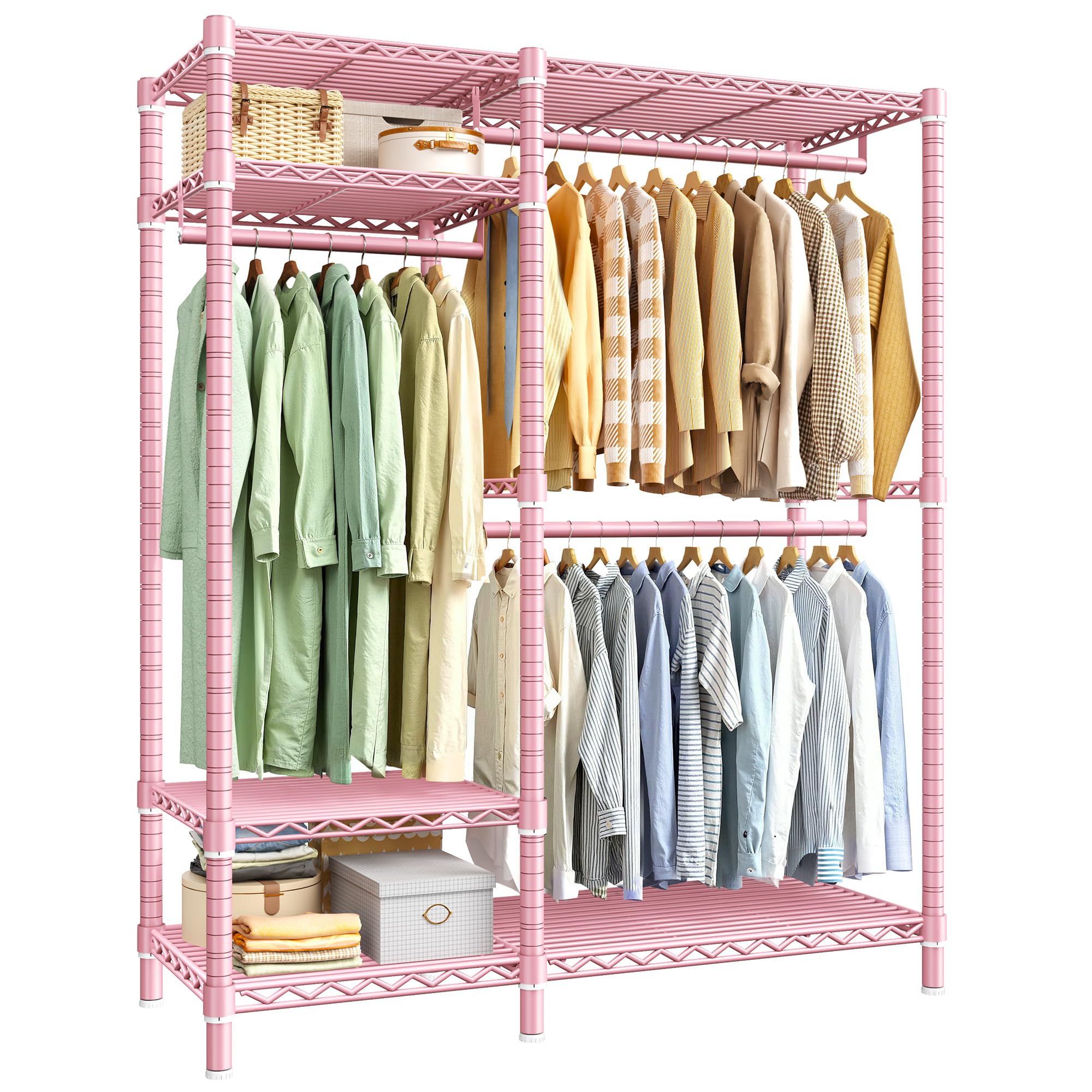 Raybee Portable Closet 780LBS, Heavy Duty Clothes Rack, Freestanding Clothing Rack with 3 Hanging Rods & 6 Shelves, Adjustable Wardrobe Closet Organizer System, Pink