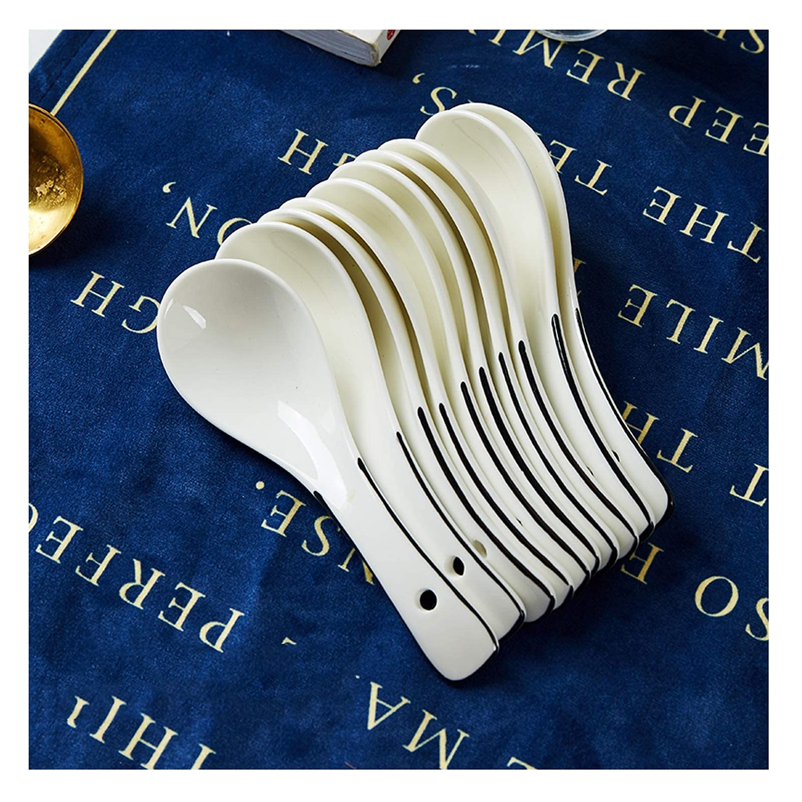 Zestaw łyżek obiadowych 10 sztuk małych ceramicznych łyżek do zupy, prosta łyżka z porcelany kostnej, miska i spodek zestaw Jingdezhen łyżka obiadowa/garnek do zupy (kolor: D) (B)