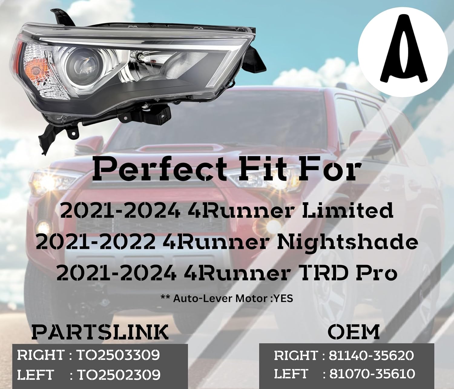 Headlight Assembly Replacement For Toyota 2021 2022 2023 2024 4Runner Limited/Nightshade/TRD Pro, Right/Passenger Side, TO2503309 / 81140-35620