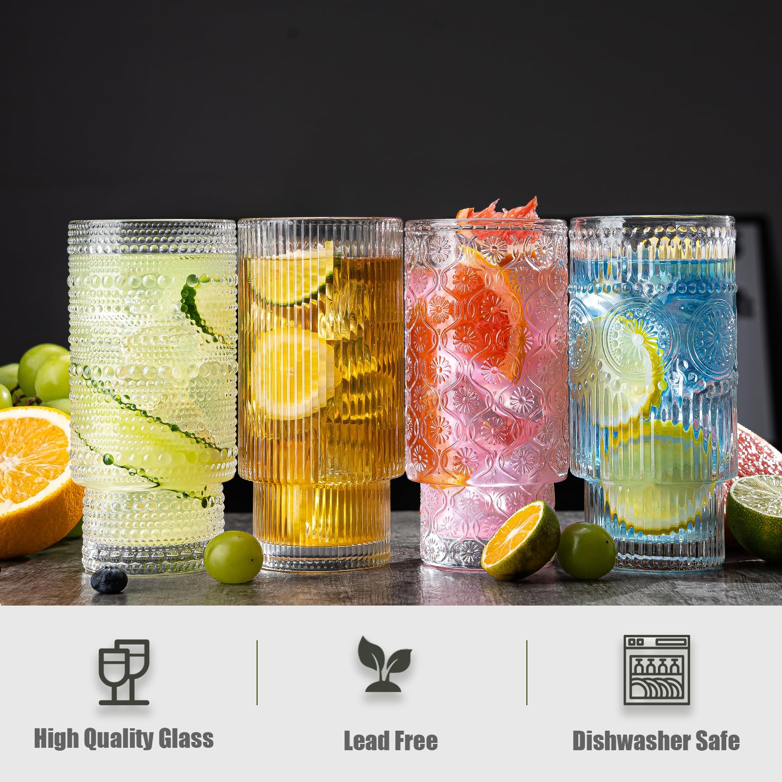 Trinkgläser, Origami-Stil, Glasbecher mit Strohhalm, 473 ml, 12 Stück Highball-Gläser, stapelbare Vintage-Glaswaren, gerippte Gläser, Eiskaffeegläser ideal für Cocktail, Whiskey, Saft