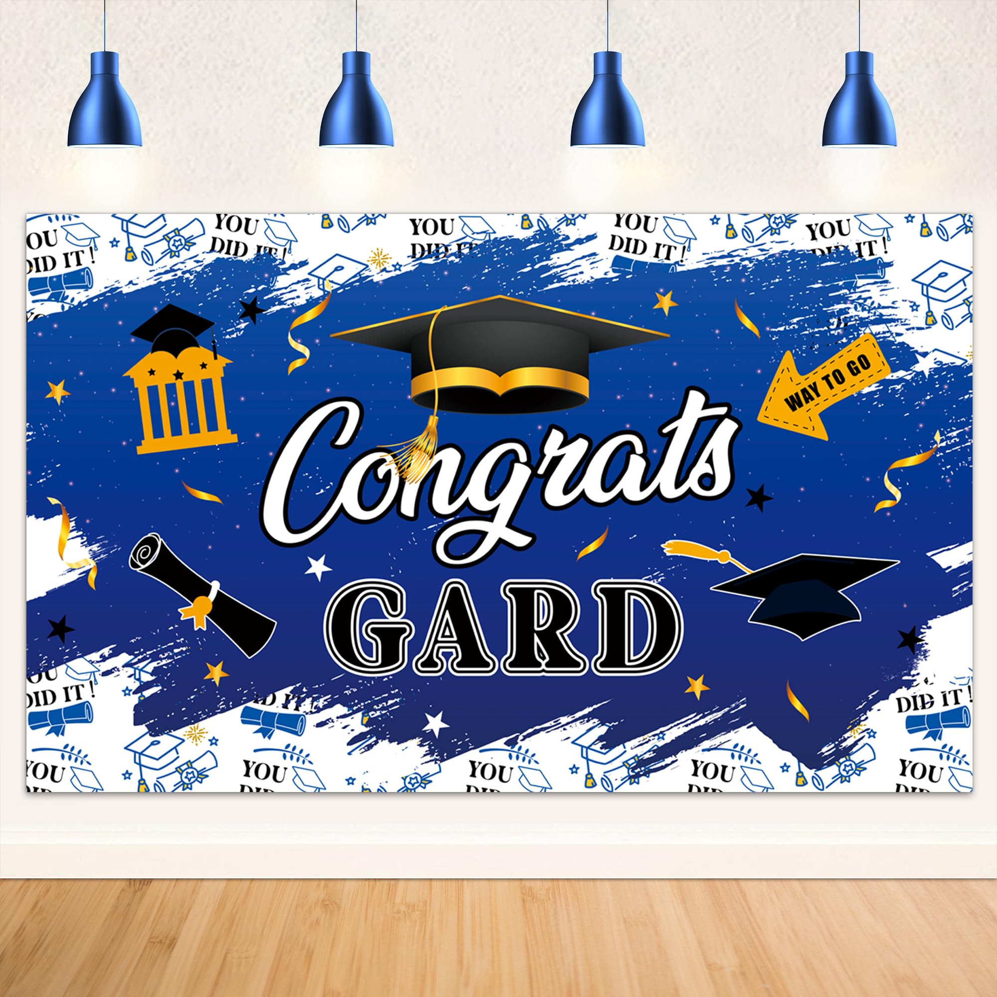 Photo 1 of LARRAZABAL Congrats Grad Banner Backdrop, Funny ‘GARD’ Banner Party Decorations, Photography Background for Graduation Decorations Class of 2024 Congrats Grad Backdrop Blue