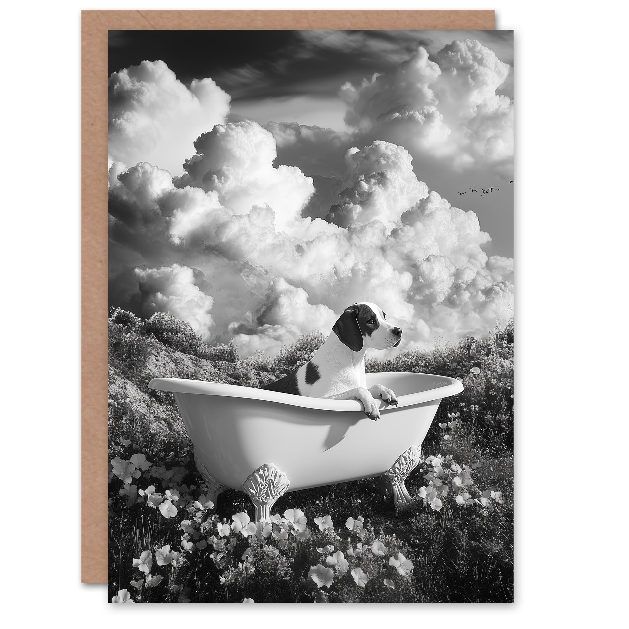 Artery8 Greeting Card Dog Lover Beagle in Floral Meadow Bathtub Surreal Blank For Him Or Her Art Birthday Card