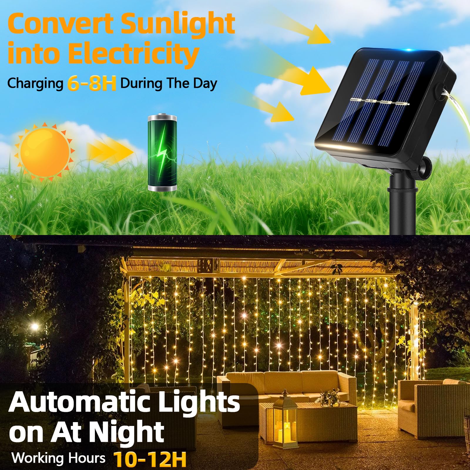 Guirnalda Luces Exterior Solar，2 Pack Luces Solares Led Exterior Jardin, 12m 120 Led Guirnalda Luz Solar Exteriors, 8 Modos, Ip65 Impermeables para Navidad, Bodas, Fiestas, Jardines (luz cálida)