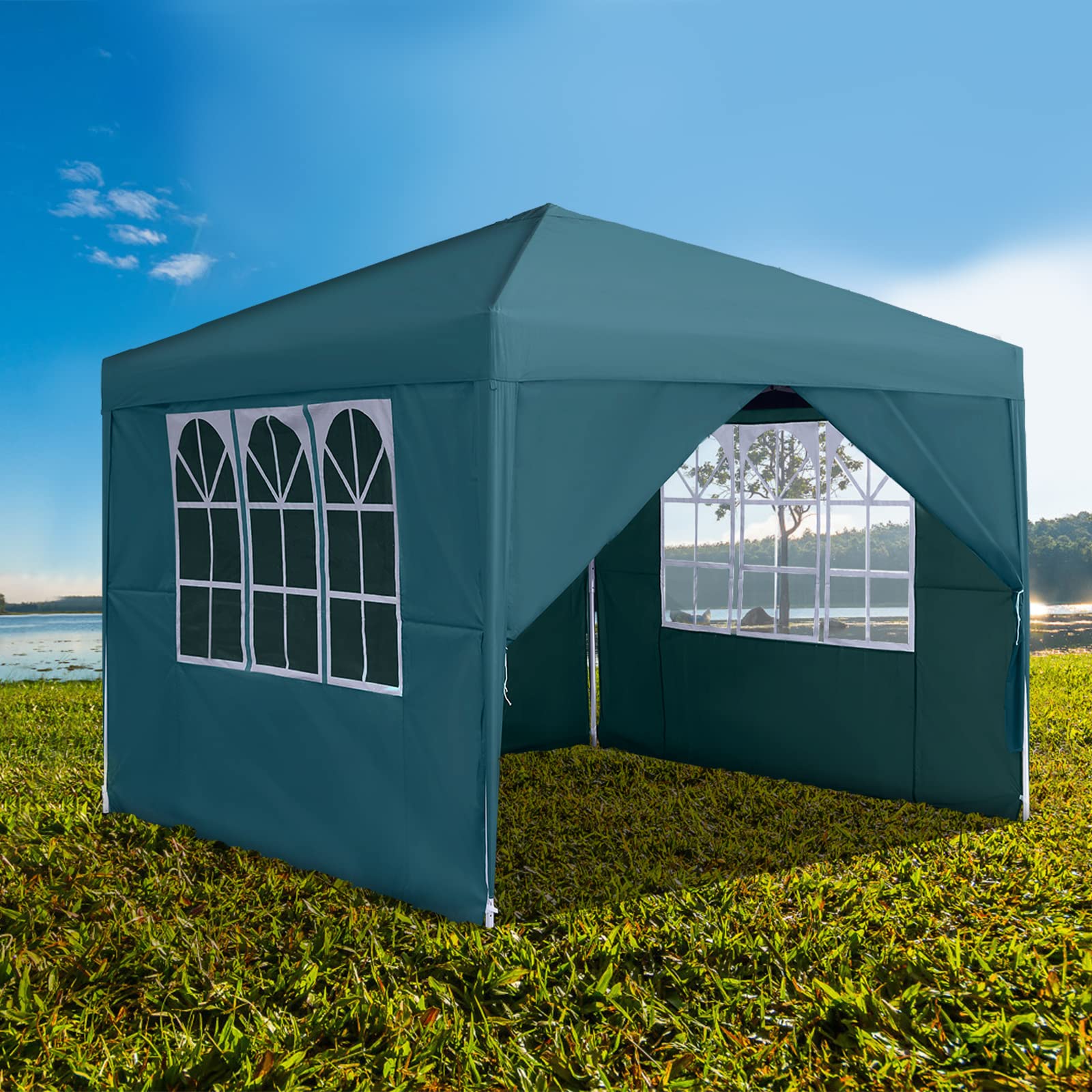 Yunvin 3 x 3 m Foldable Gazebo, Party Tent with 4 Side Walls, Windows and Carry Bag, Waterproof, UV Protection for Party, Camping and Wedding, Dark green