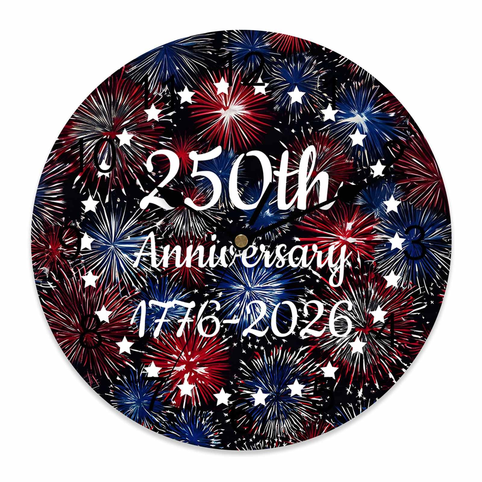 Ensound 4th of July Wall Clock 250th Anniversary Clocks Wooden Silent Non-Ticking Battery Operated Decorative Patriotic Stars Fireworks Round Clock for Home Living Room Kitchen Bedroom Office 12 Inch