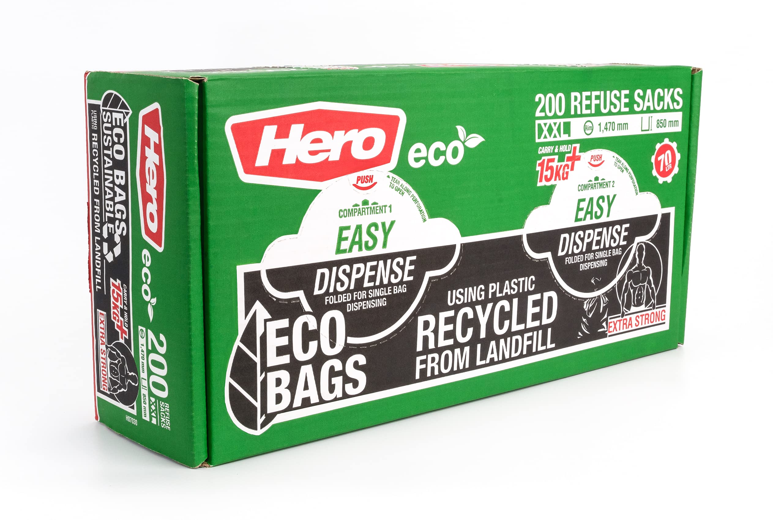 Hero Eco Extra Strong Bin Bags Liners 70L Recycled Easy Dispense Heavy Duty Refuse Sacks Pack Of 200 from B&Q