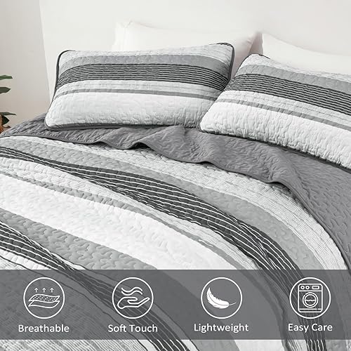Miniatura 5 de Juego de edredón de 3 piezas, tamaño Queen, color gris, juego de ropa de cama de retazos a rayas de verano, suave, ligero, con 2 fundas de almohada,