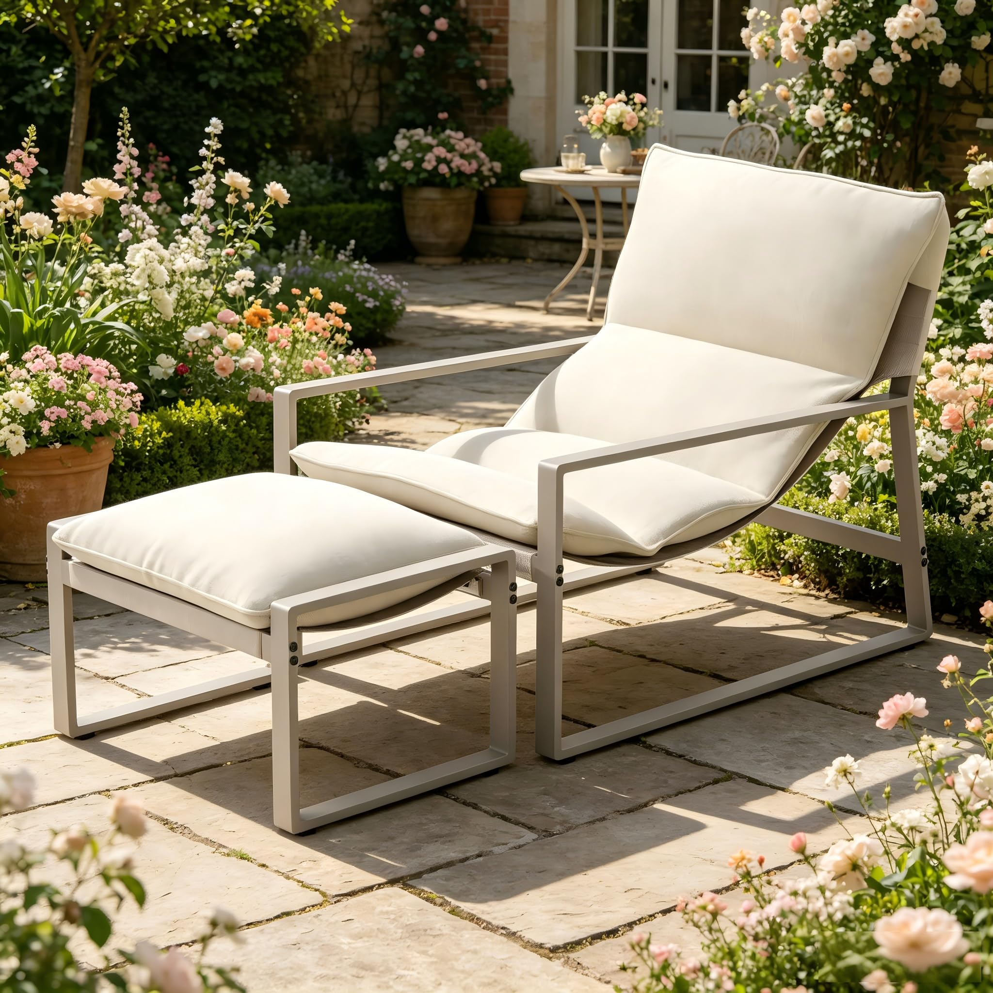 ALAULM 2-Piece Outdoor Lounge Chair, Garden Furniture Set with Ottoman, Breathable Textilene Mesh Fabric & Sturdy Metal Frame, Weather Resistant Patio Conversation Set for Backyard,Balcony (Beige)