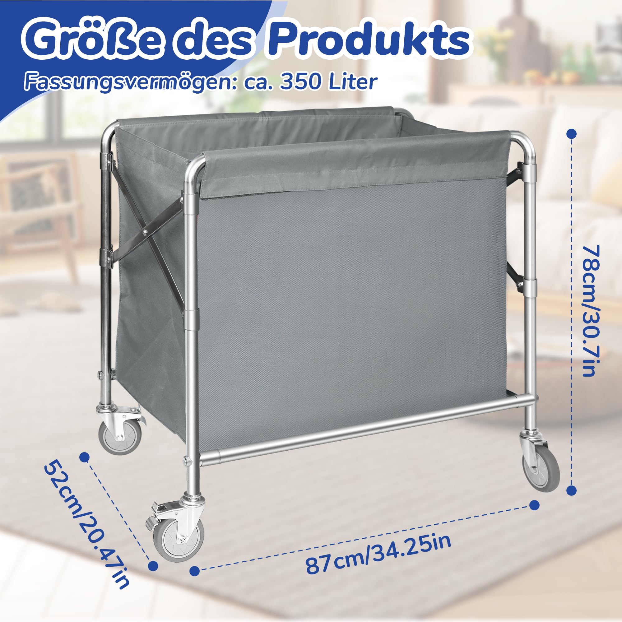 bimiti Carrello per la biancheria, in acciaio inox, con ruote, pieghevole, con portata di 100 kg, per la casa, hotel, 87 x 52 x 78 cm